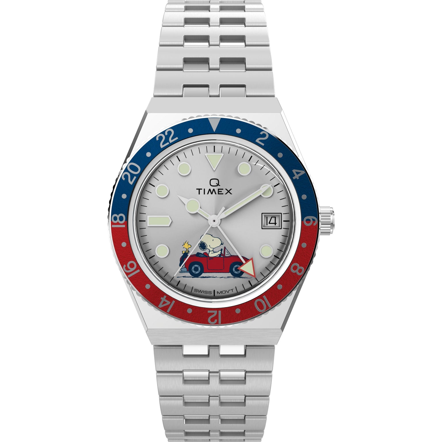 The Timex G SS QZ PEANUTS GMT 38 SLVR DL SS BLT 25 features a stainless-steel case, red and blue bezel, white dial with date display, and Snoopy driving a red car illustrated on the lower half of the face.