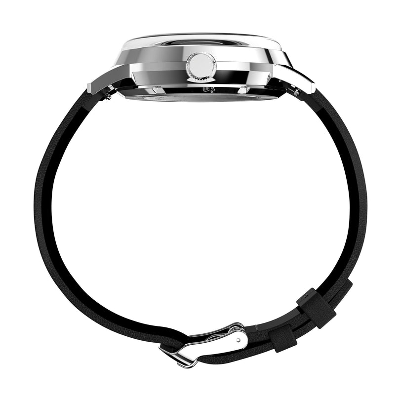 Side view of the Timex Marlin® Automatic wristwatch with a black eco-friendly leather strap, silver case, visible crown and buckle clasp, featuring a 21-jewel Japanese automatic movement, isolated on a white background.