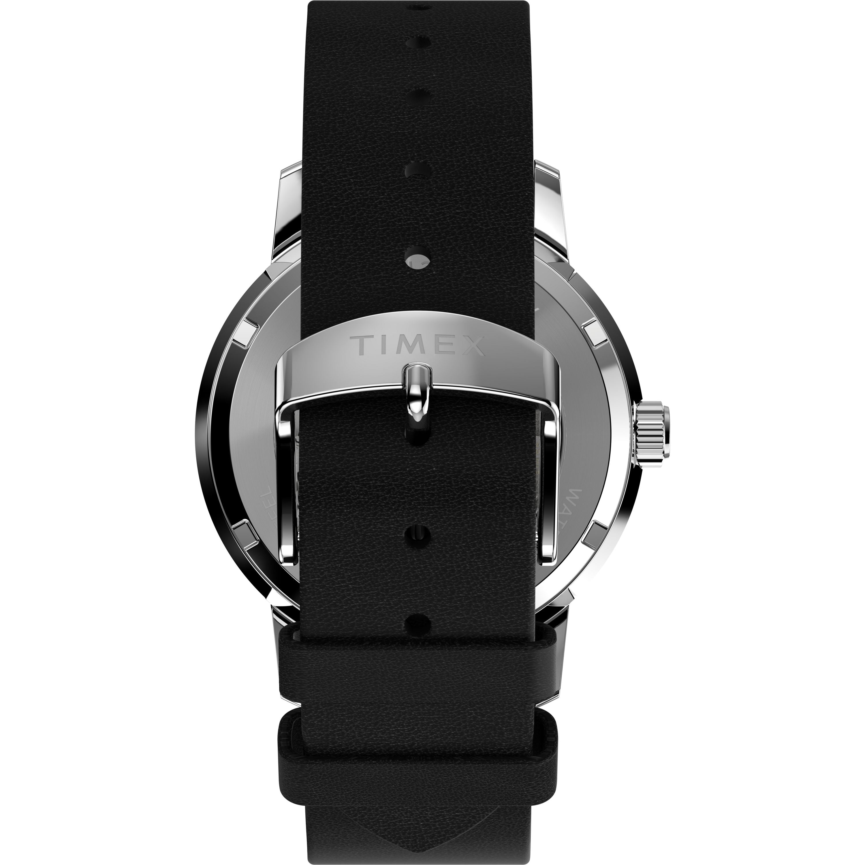 A close-up of the back of a Timex Marlin® Automatic wristwatch with an eco-friendly leather strap and silver buckle, featuring the TIMEX engraving on the clasp.