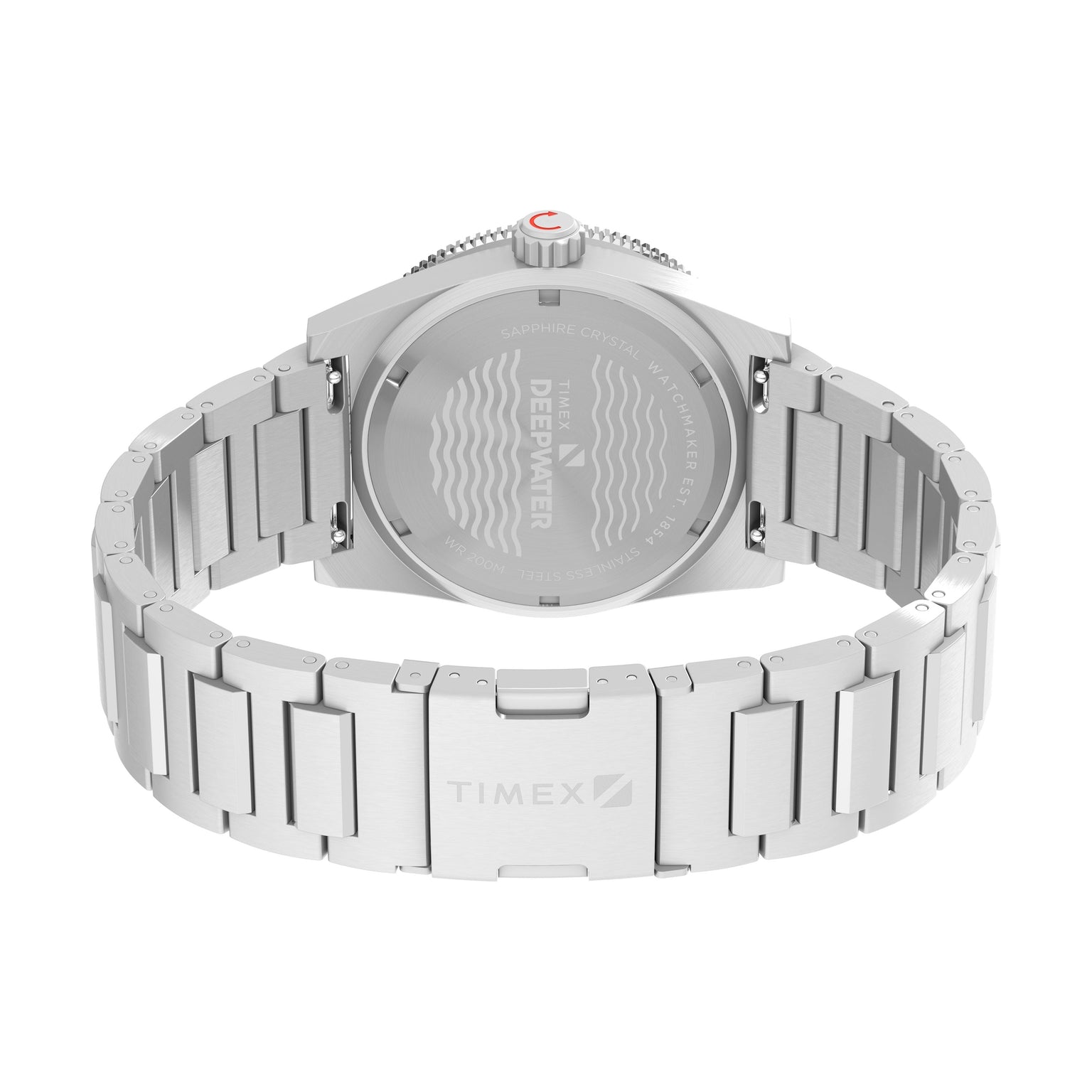 A silver Timex Deepwater Reef 200 dive watch viewed from the back shows an engraved stainless-steel case with "DEEP WATER" and wave patterns. The metal link band has a clasp engraved with the Timex logo.