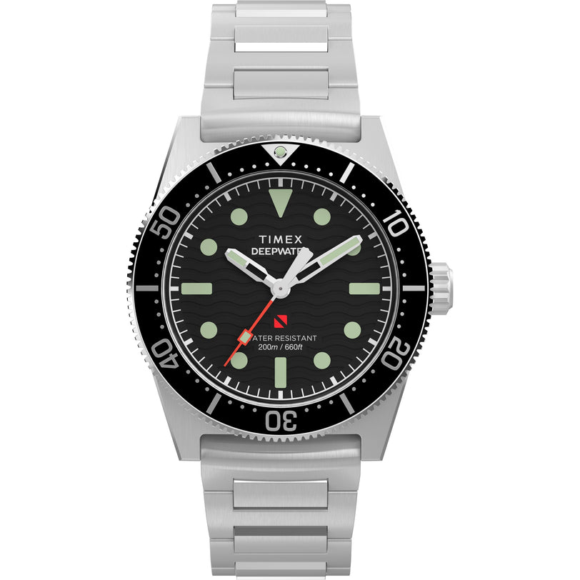 The Timex Deepwater Reef 200 dive watch features a stainless-steel case, silver metal band, black rotating bezel and dial, white hour markers, bold hands, and a red-tipped seconds hand. Water resistant to 200 meters.