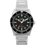 The Timex Deepwater Reef 200 dive watch features a stainless-steel case, silver metal band, black rotating bezel and dial, white hour markers, bold hands, and a red-tipped seconds hand. Water resistant to 200 meters.