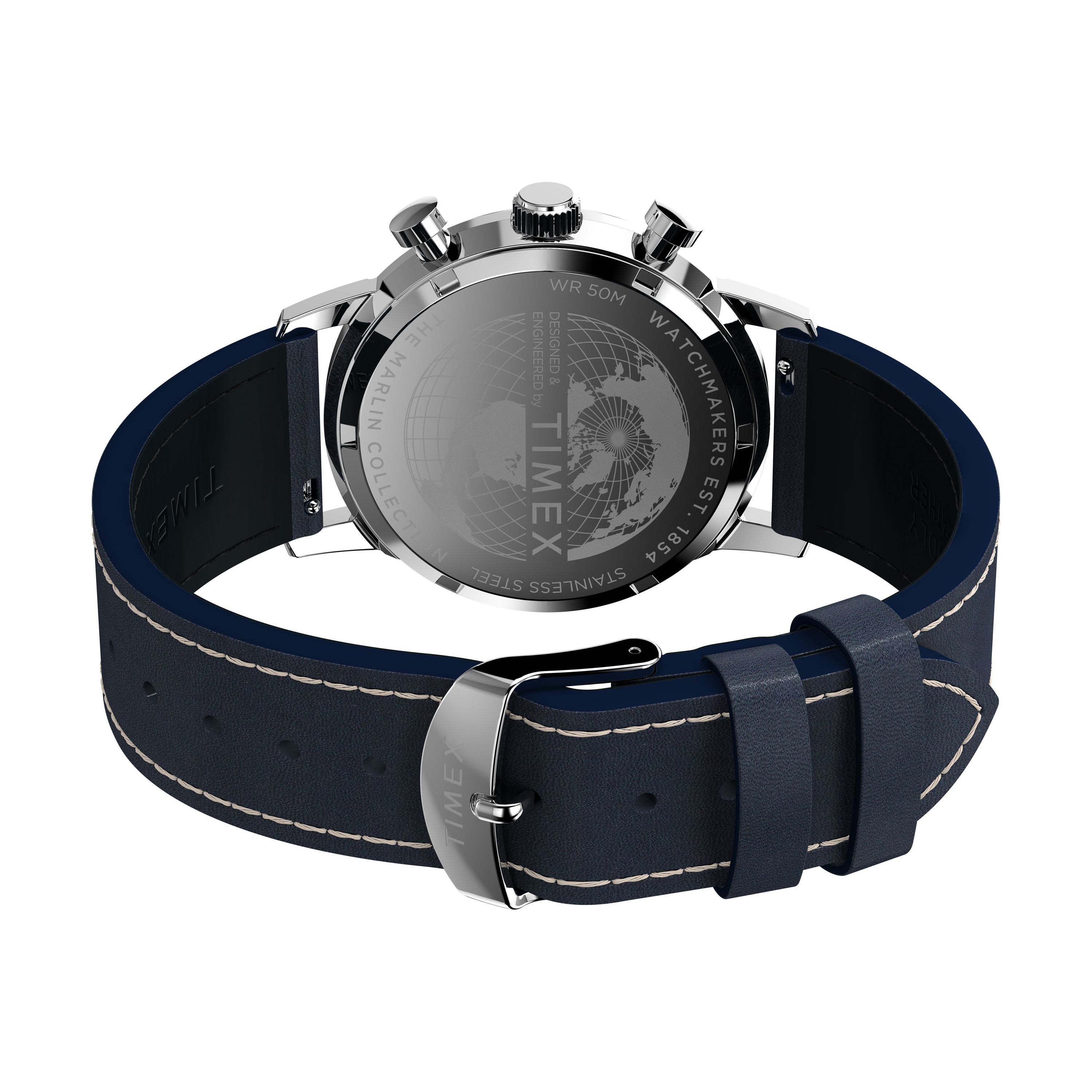 A close-up of the Timex Marlin® Chronograph Tachymeter’s back shows engraved details on its stainless steel case, paired with a blue leather strap and silver buckle.