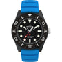 The Timex Deepwater Reef 200 XCF dive watch features a black dial, white hour markers, black bezel with white markings, blue silicone strap, and "WATER RESISTANT 200m / 660ft" in red on the face.