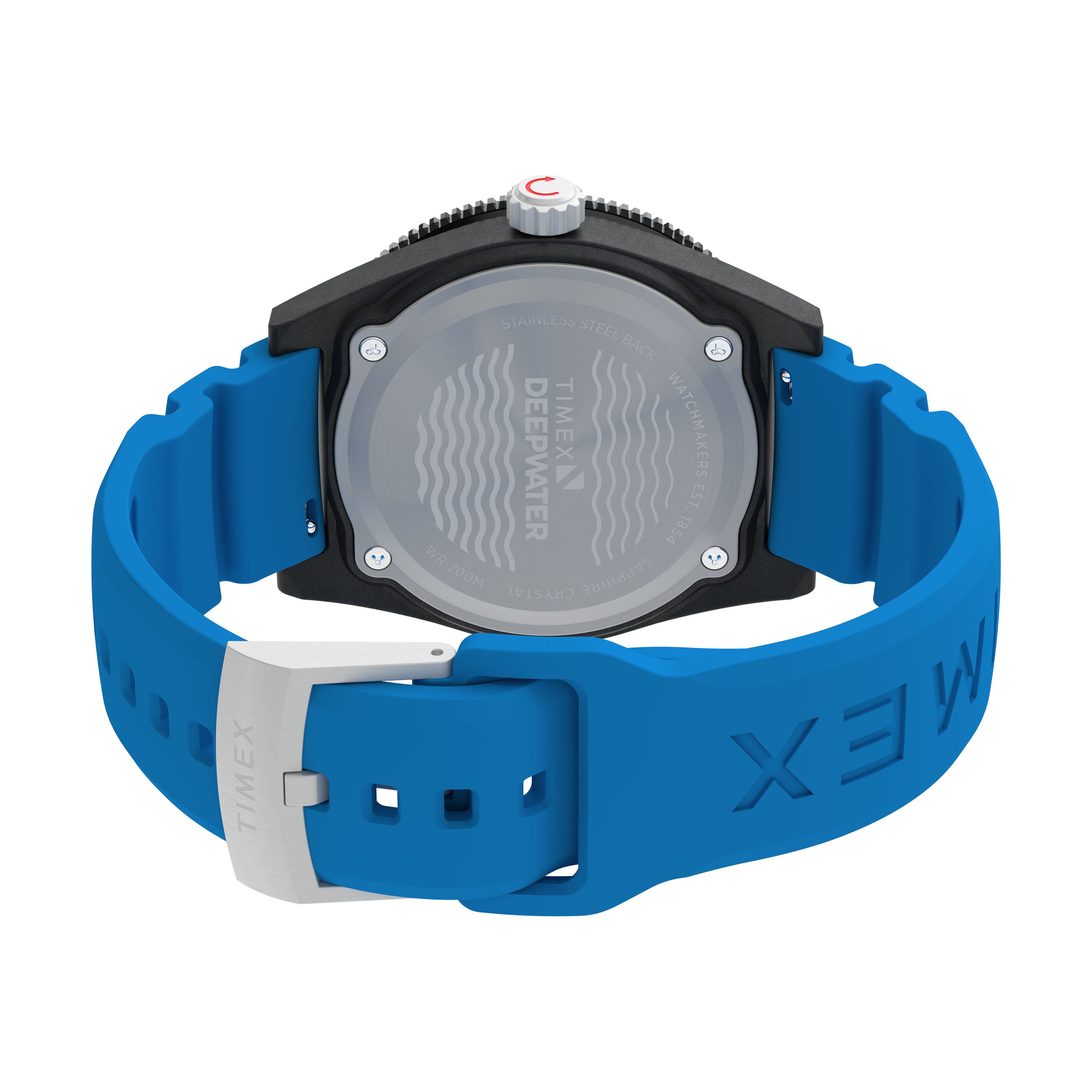A blue Timex Deepwater Reef 200 XCF dive watch is shown from the back, featuring a round stainless steel case back engraved with the model name, wavy patterns, and indicating its 200m water resistance.