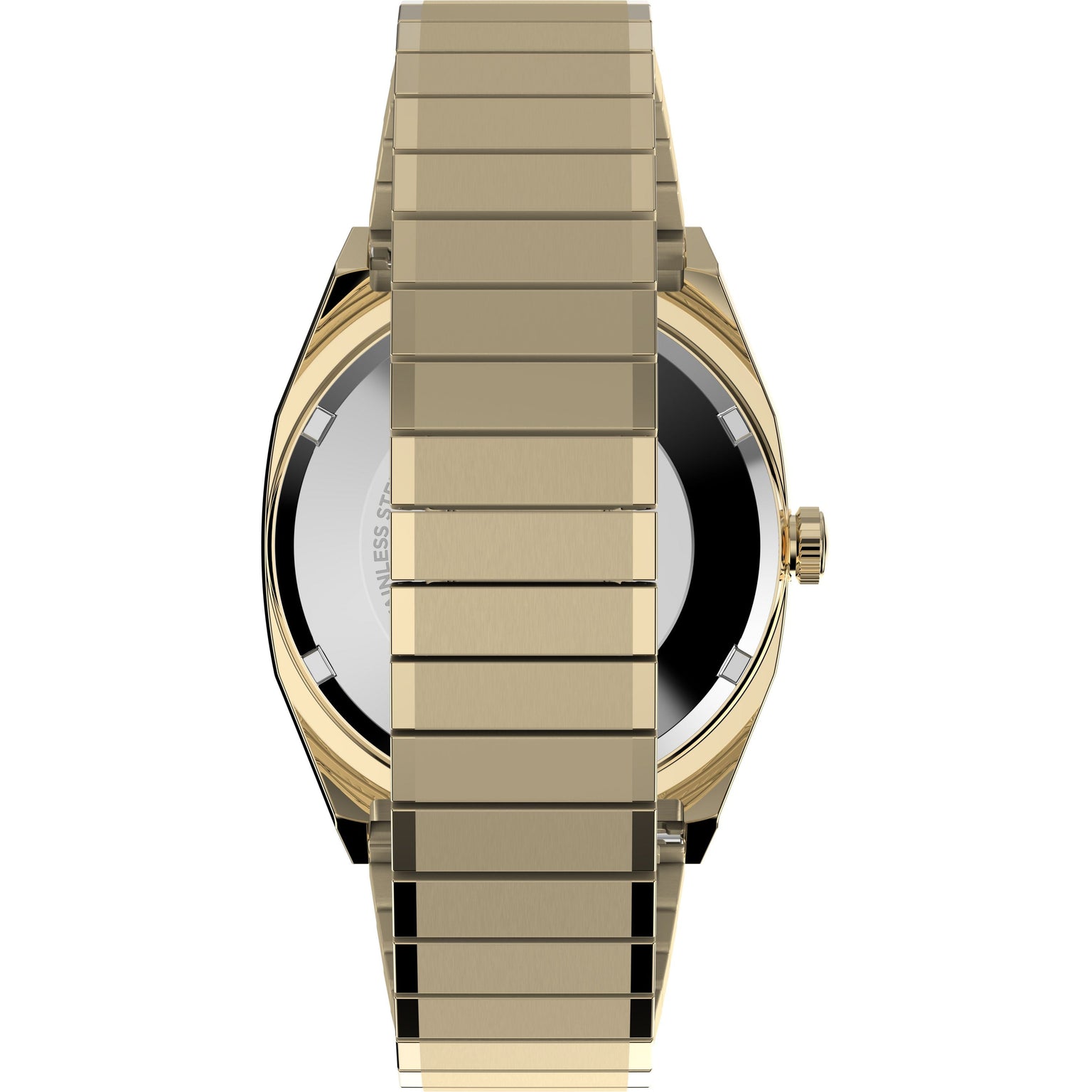 A gold-tone Timex Automatic 1983 E Line Reissue dress watch seen from the back, its wide metal band covering most of the watch face and case, combines classic elegance with reliable Japanese automatic movement.