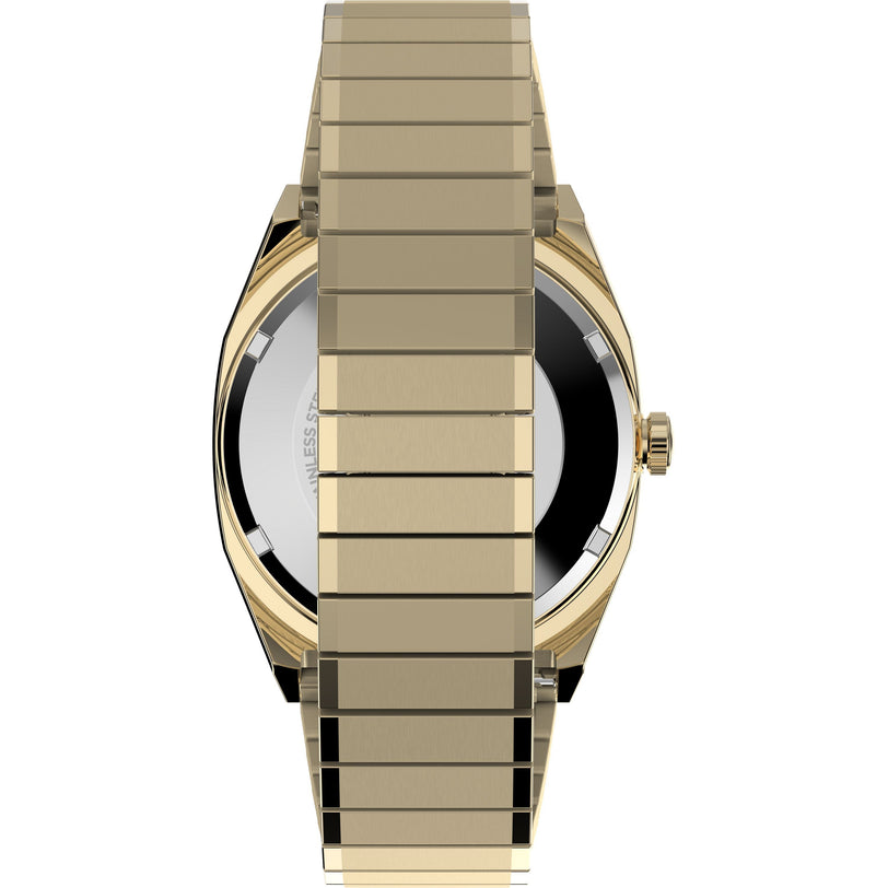 A gold-tone Timex Automatic 1983 E Line Reissue dress watch seen from the back, its wide metal band covering most of the watch face and case, combines classic elegance with reliable Japanese automatic movement.