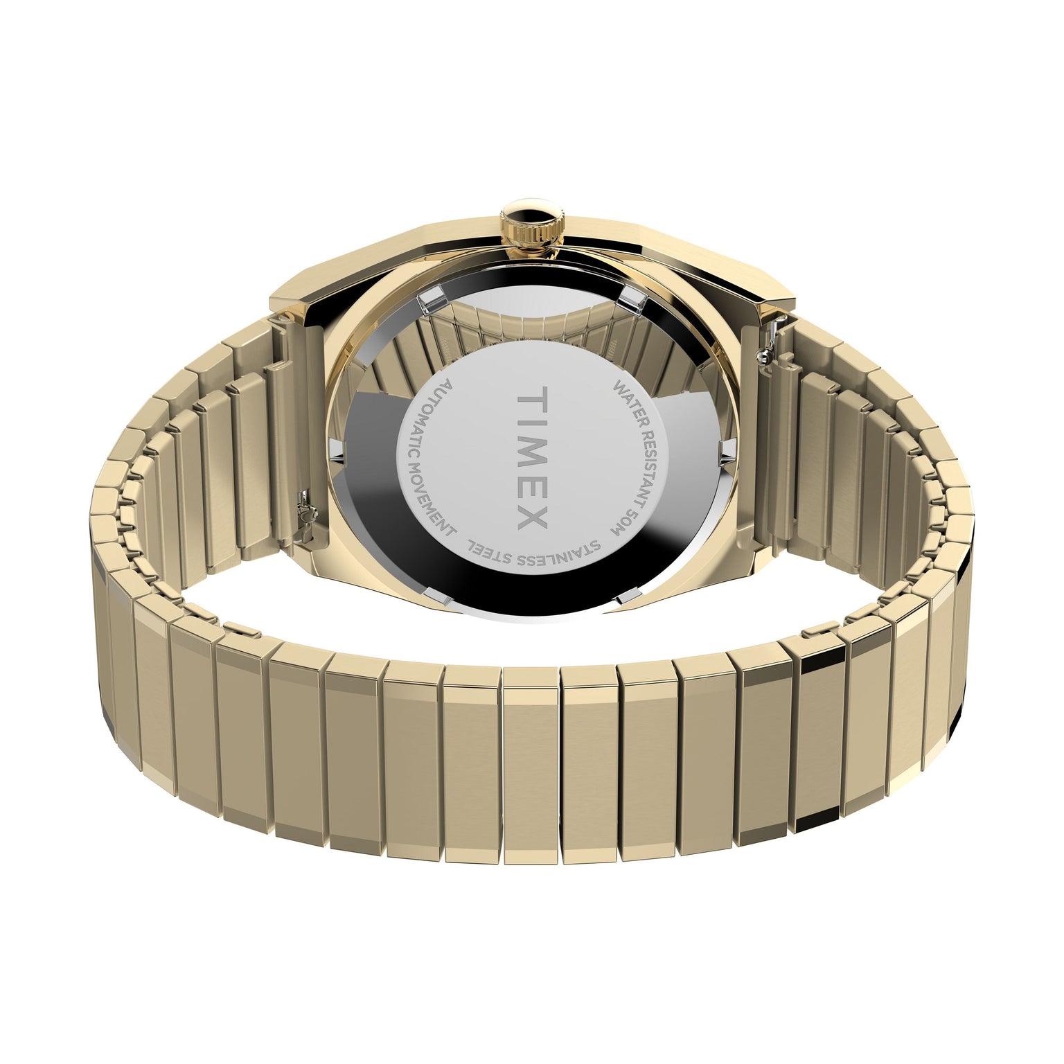 The Timex Automatic 1983 E Line Reissue dress watch in gold-tone is shown from the back, displaying its stainless steel case and expansion band with engraved specs—a refined homage to timeless style.