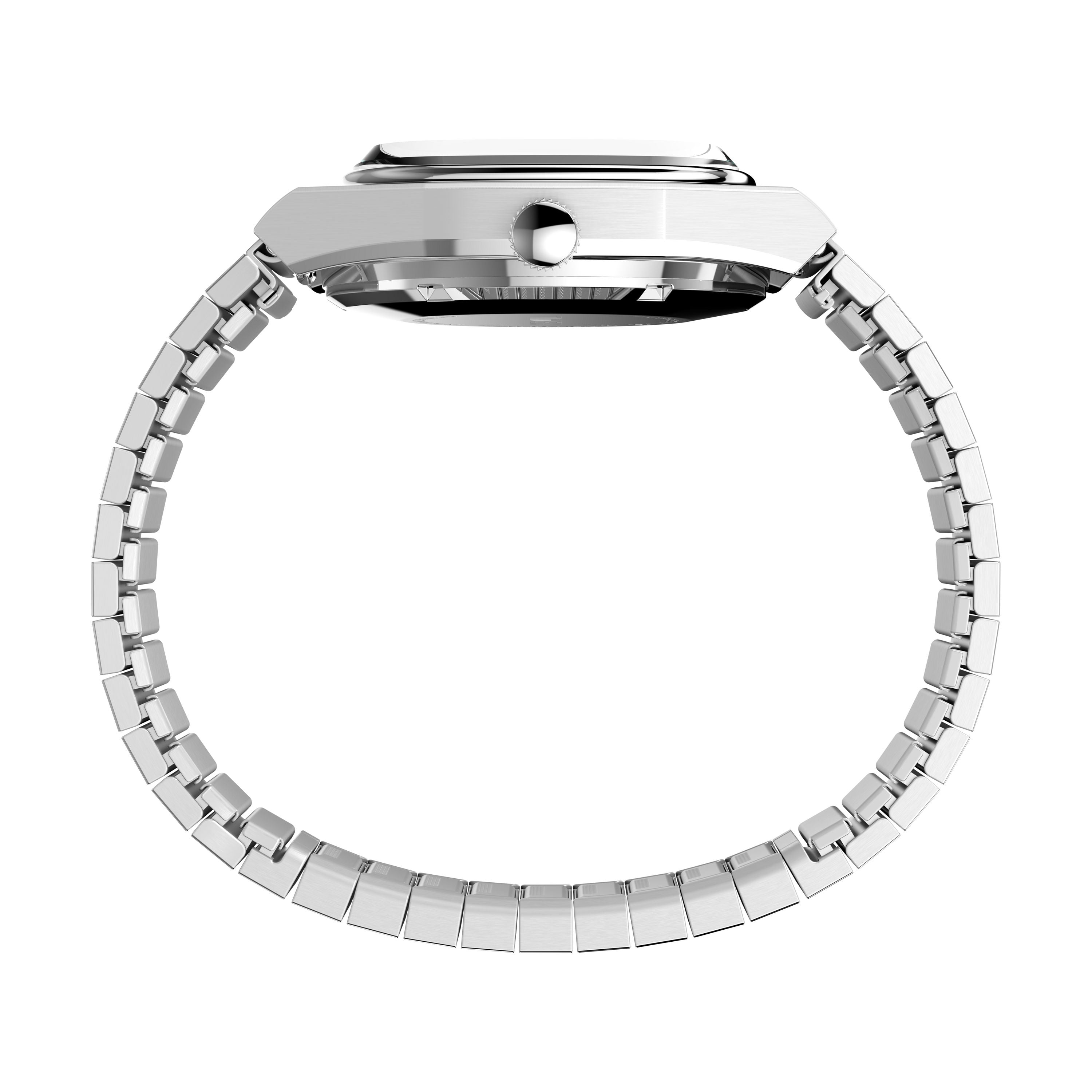Side view of the Timex Automatic 1983 E Line dress watch in silver, featuring a round face and linked bracelet band, displayed on a white background.