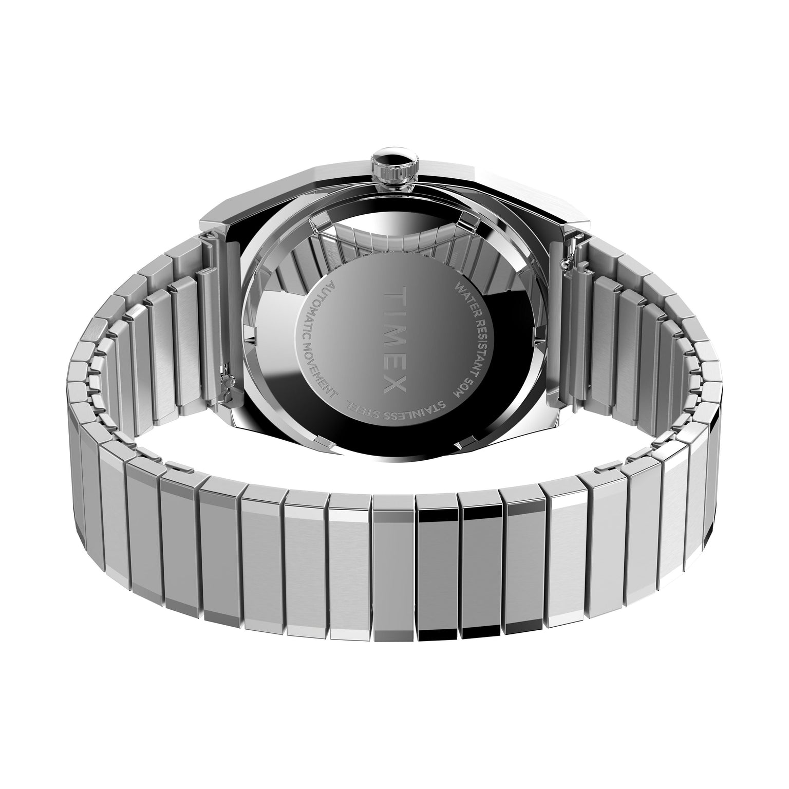 A close-up of the back of a silver Timex Automatic 1983 E Line dress watch with stainless steel band and round case, highlighting its reflective surface, clasp detail, and refined Japanese automatic movement.