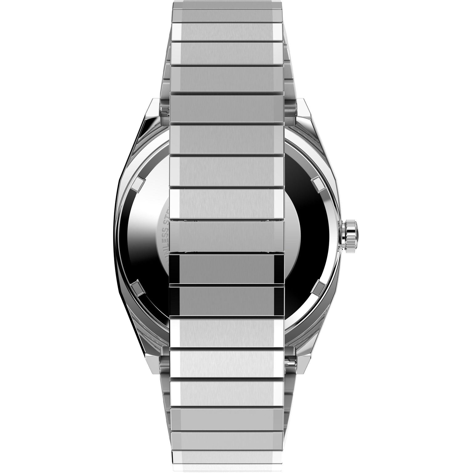 A close-up of the Timex Automatic 1983 E Line dress watch from the back, featuring a stainless-steel expansion band and a circular case with the crown visible on the right side.