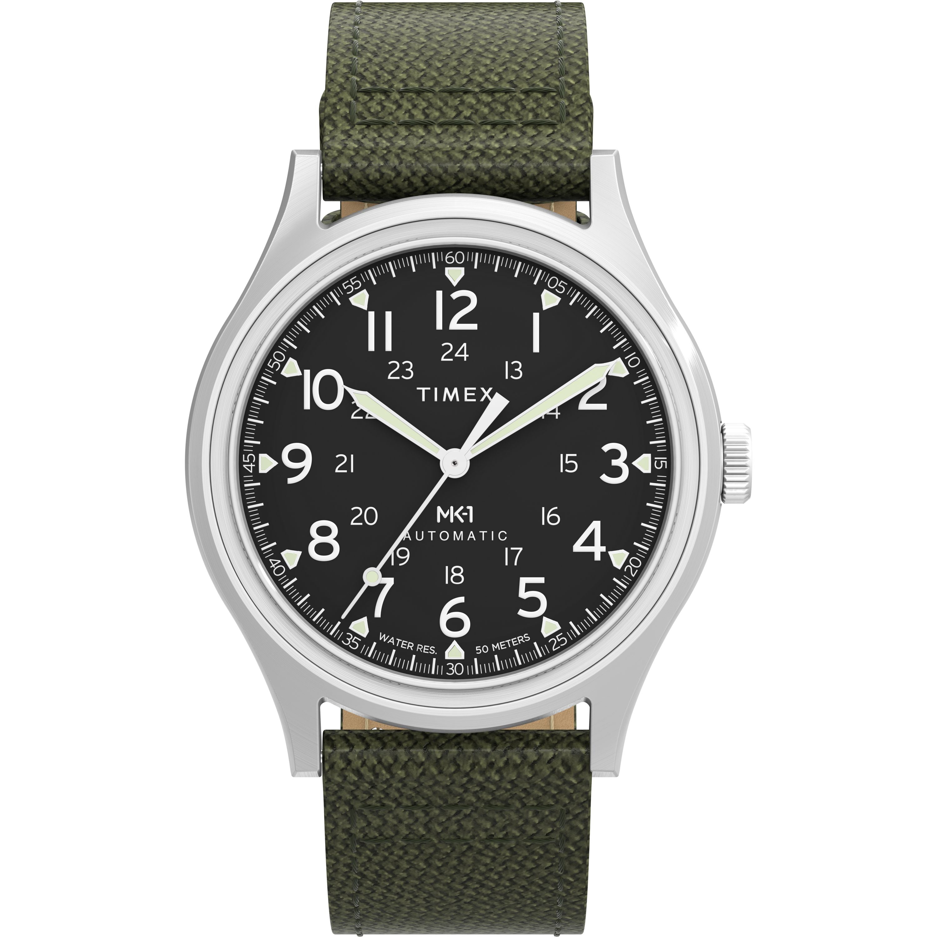 The Timex MK1® Automatic features a black dial with white numerals, silver case, and an olive green textured fabric strap. Its military-inspired design displays hours, minutes, and seconds with white hands.