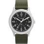 The Timex MK1® Automatic features a black dial with white numerals, silver case, and an olive green textured fabric strap. Its military-inspired design displays hours, minutes, and seconds with white hands.