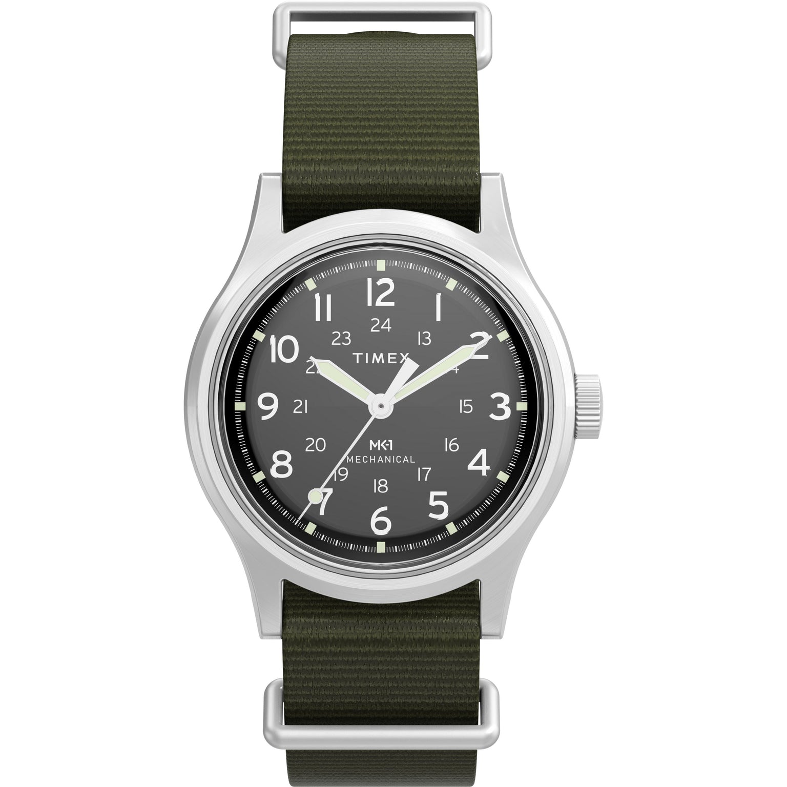 The Timex MK1® Hand-Wound watch features a black dial with white numerals, luminous hands, a silver case, olive green recycled fabric strap, hand-wound mechanical movement, and both 12- and 24-hour markers.