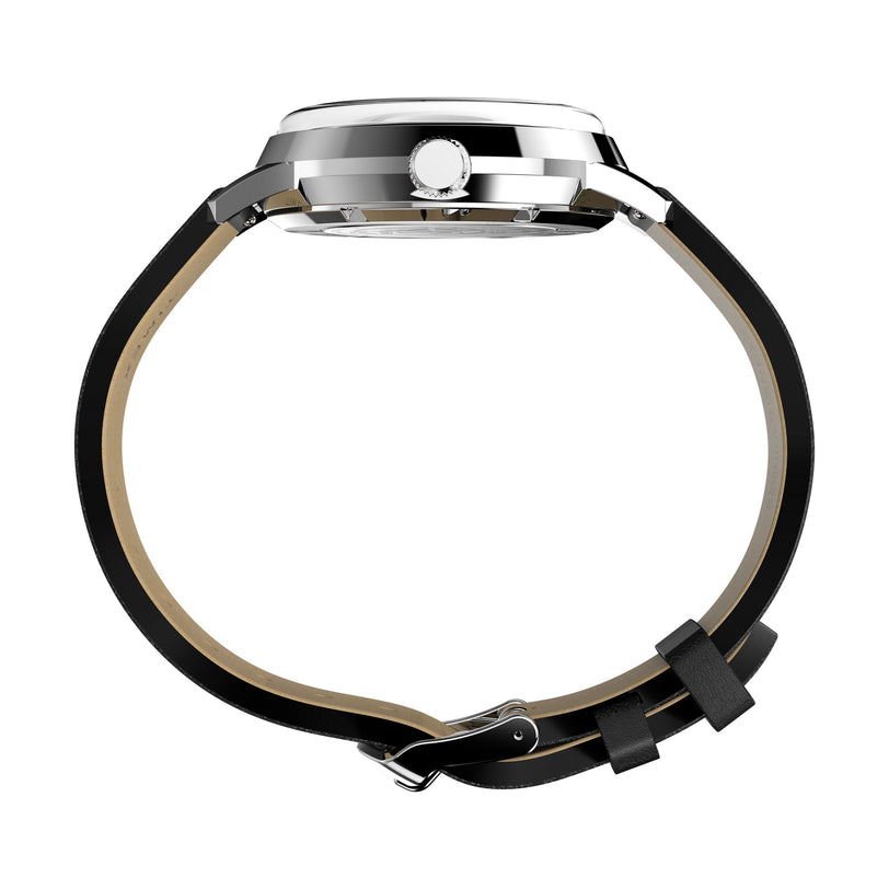 Side view of the Timex x Peanuts® Marlin® Automatic 75th Anniversary Edition by Timex, with a round silver case, black leather strap, and metal buckle, shown against a white background.