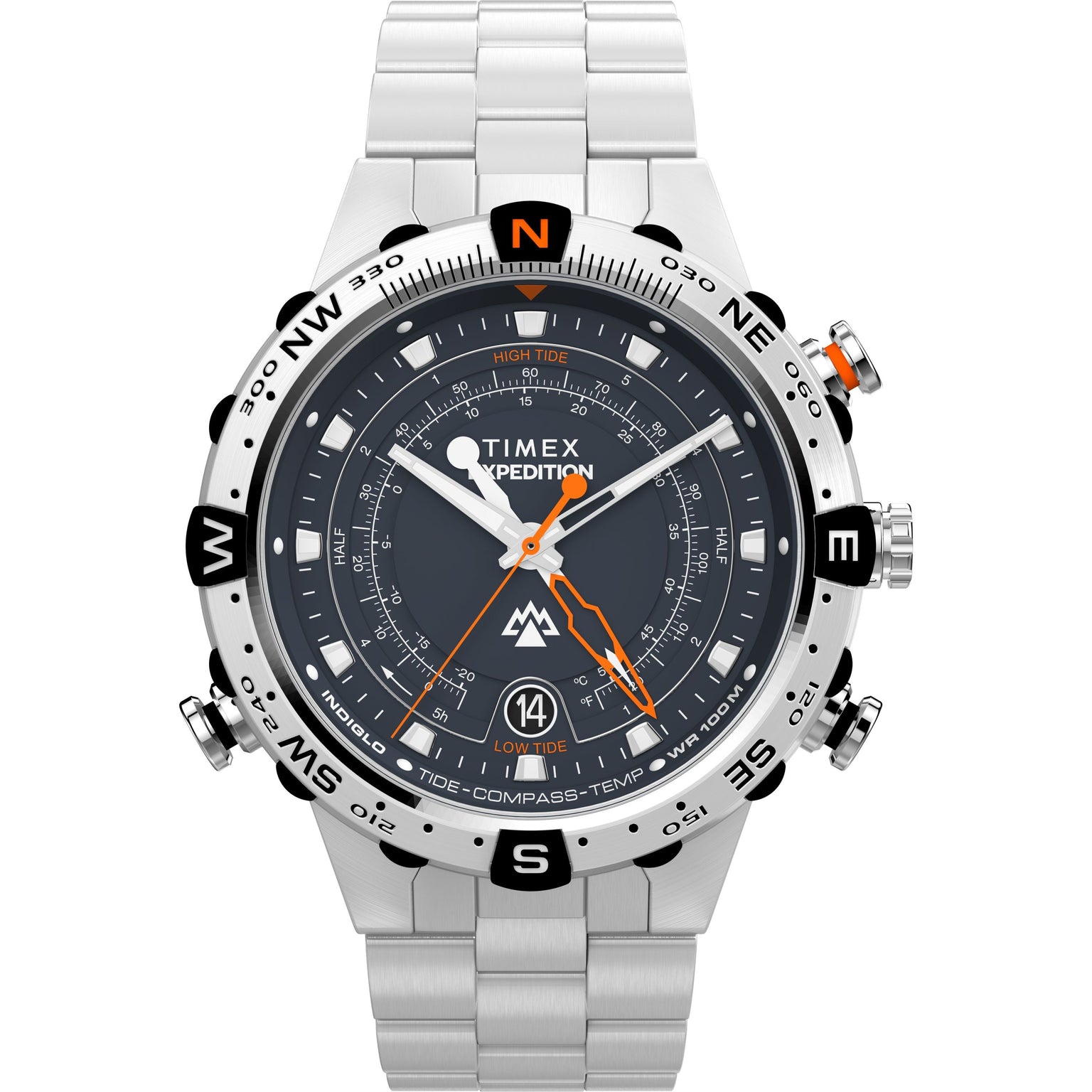 The Timex Expedition Tide-Temp-Compass is a stainless-steel wristwatch featuring a black dial, silver and orange hands, multiple subdials, compass bezel markings, and a date display at 6 o’clock.