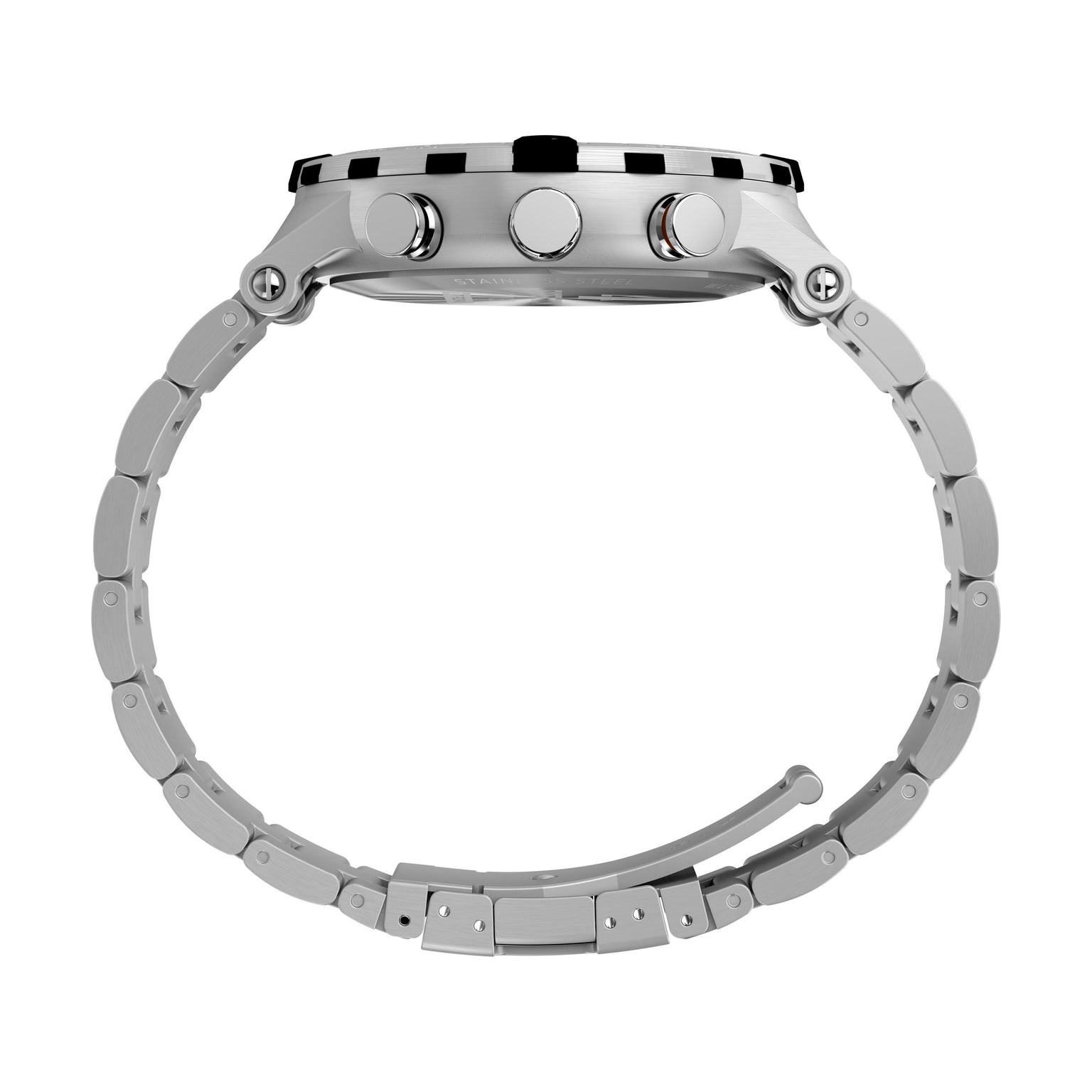 A side view of the Timex Expedition Tide-Temp-Compass watch with a stainless-steel round case, two buttons, crown, and a link bracelet with clasp, displayed against a white background.