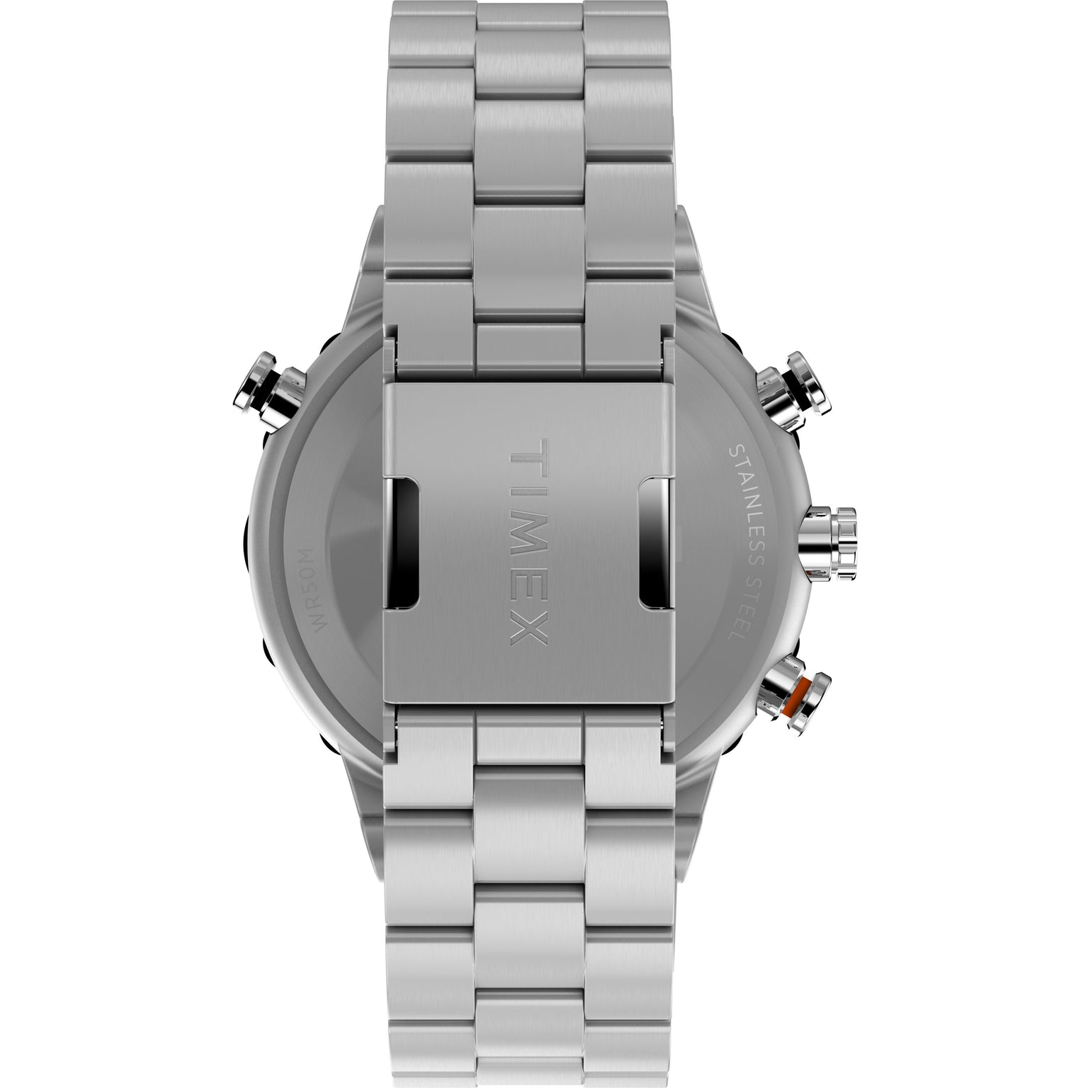 Close-up of the back of a silver Timex Expedition Tide-Temp-Compass stainless-steel watch, showing the clasp, engraved logo, side buttons, metal links, and prominently visible watch case.