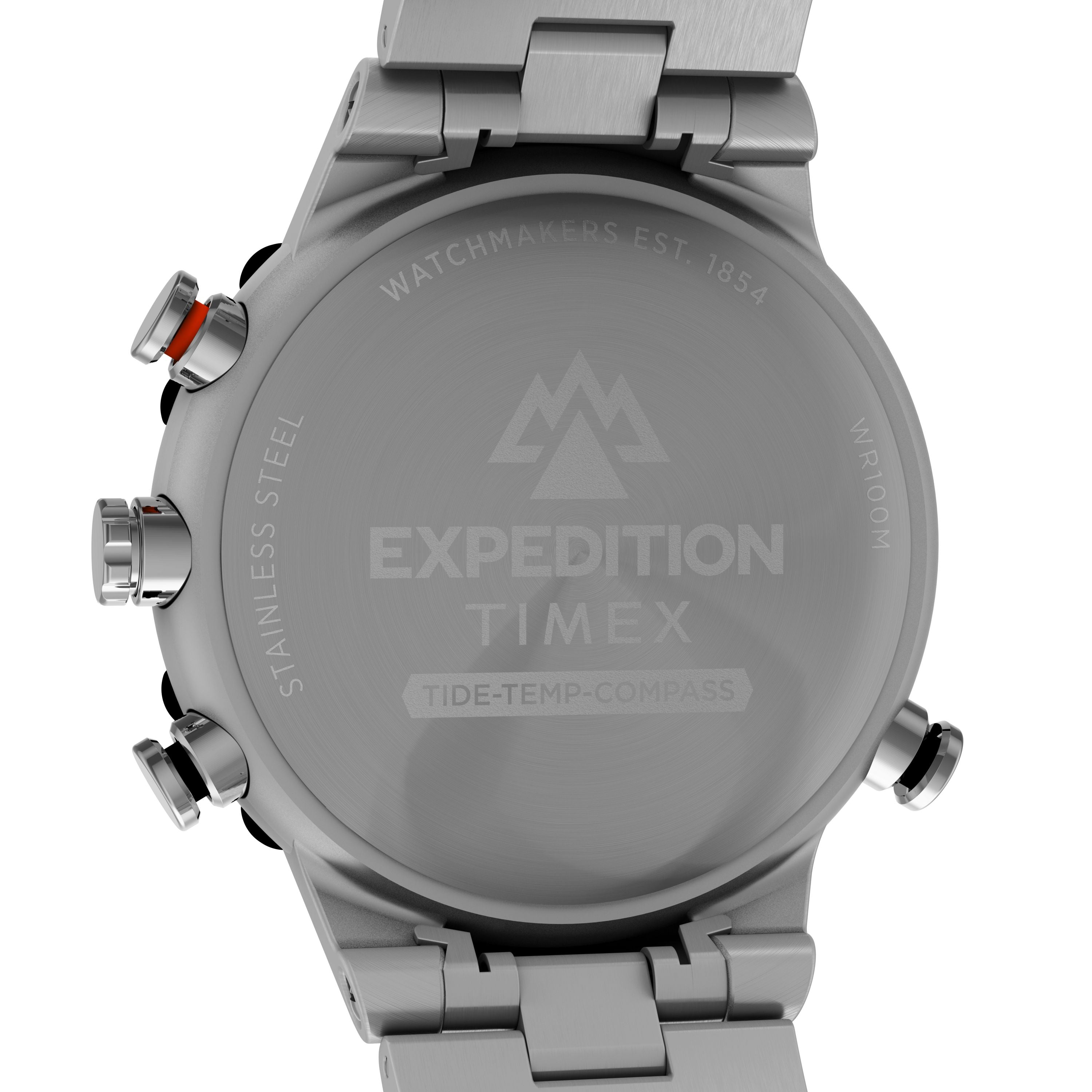 The back of a Timex Expedition Tide-Temp-Compass watch displays engraved branding, function labels, and three left-side buttons—perfect for operating the tide tracker and temperature sensor.