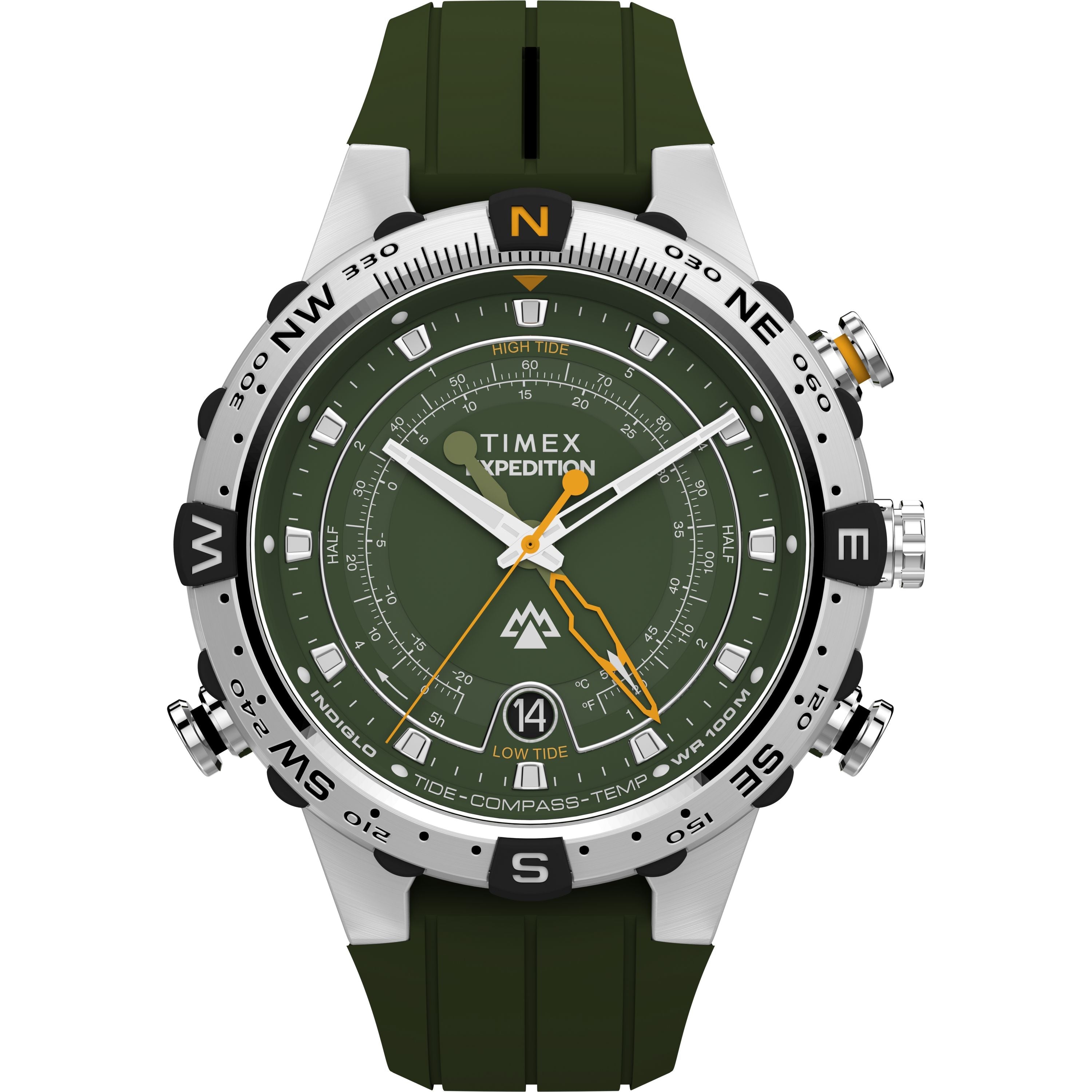 The Timex Expedition® Tide-Temp-Compass features a green case, silver bezel with compass markings, analog display with orange and white hands, multiple dials, and is paired with a green silicone strap.