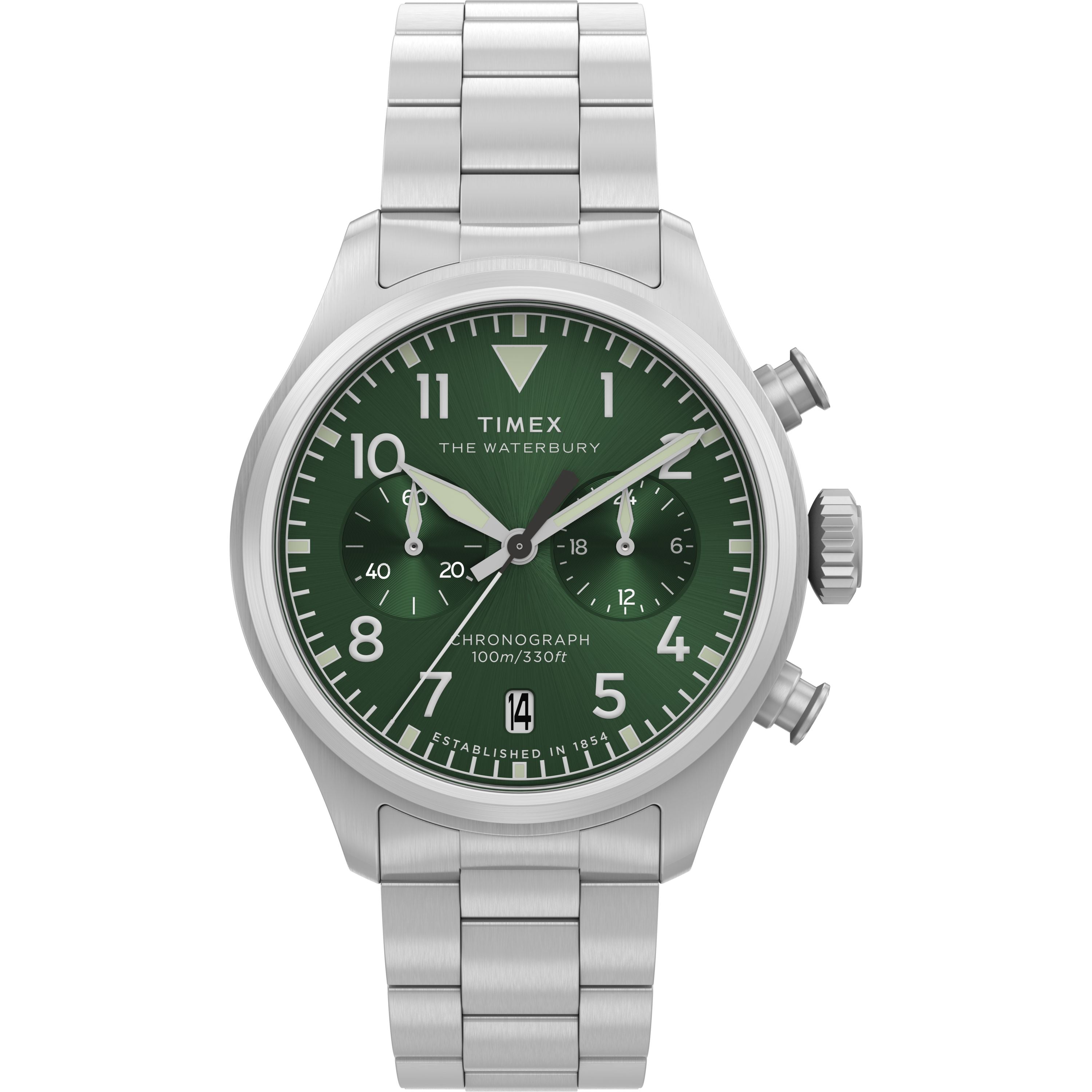 The Timex G SS QZ WATRBUY TRAD ACE CH 41 GRN DL 25 is a stainless steel chronograph watch with a green dial, three subdials, white numerals, silver hands, date window at 6 o’clock, and a metal link bracelet.