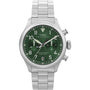 The Timex G SS QZ WATRBUY TRAD ACE CH 41 GRN DL 25 is a stainless steel chronograph watch with a green dial, three subdials, white numerals, silver hands, date window at 6 o’clock, and a metal link bracelet.