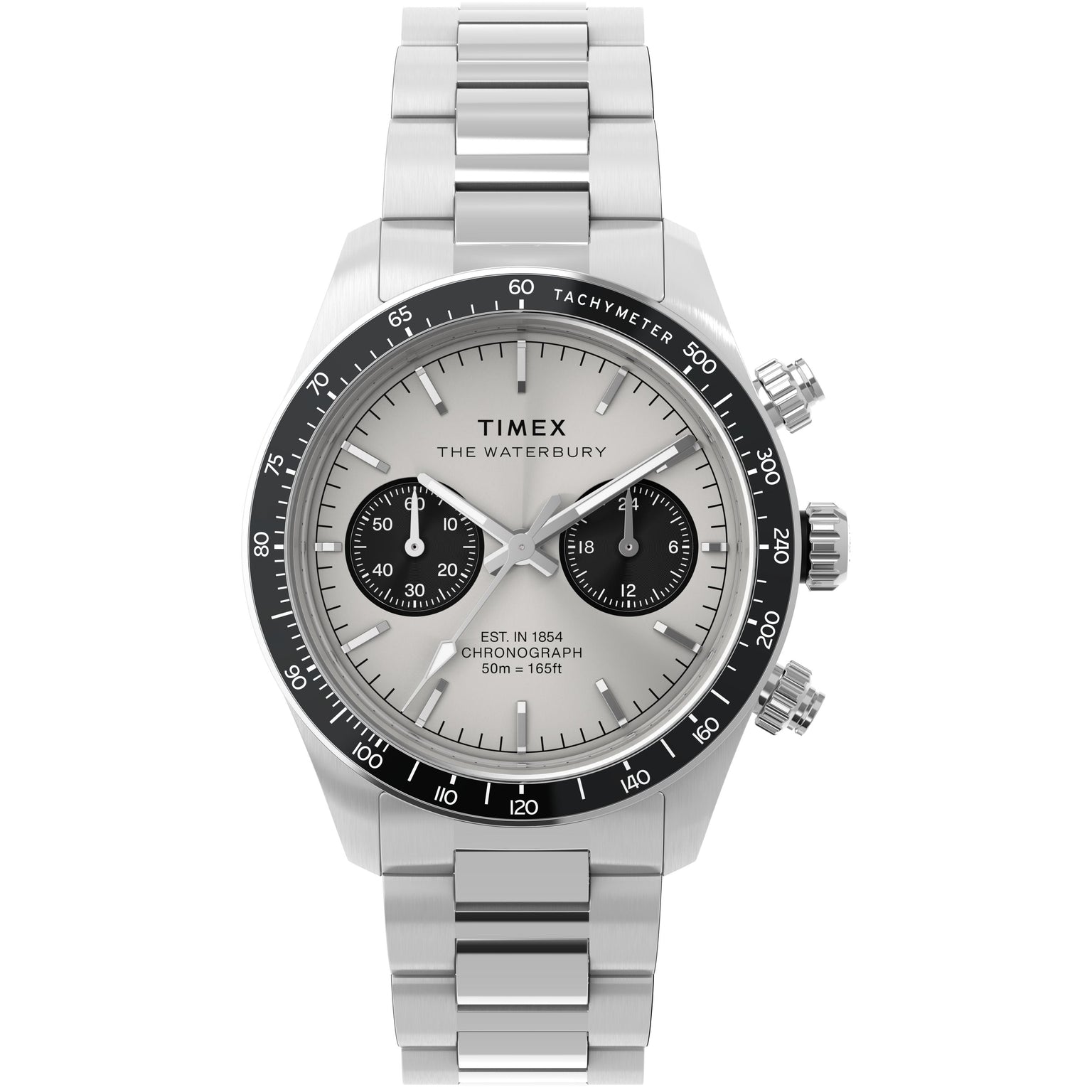 The Timex Waterbury Heritage Chronograph features a silver stainless-steel bracelet, white dial with black subdials, black tachymeter bezel, three pushers, and displays the date along with hours, minutes, and seconds.