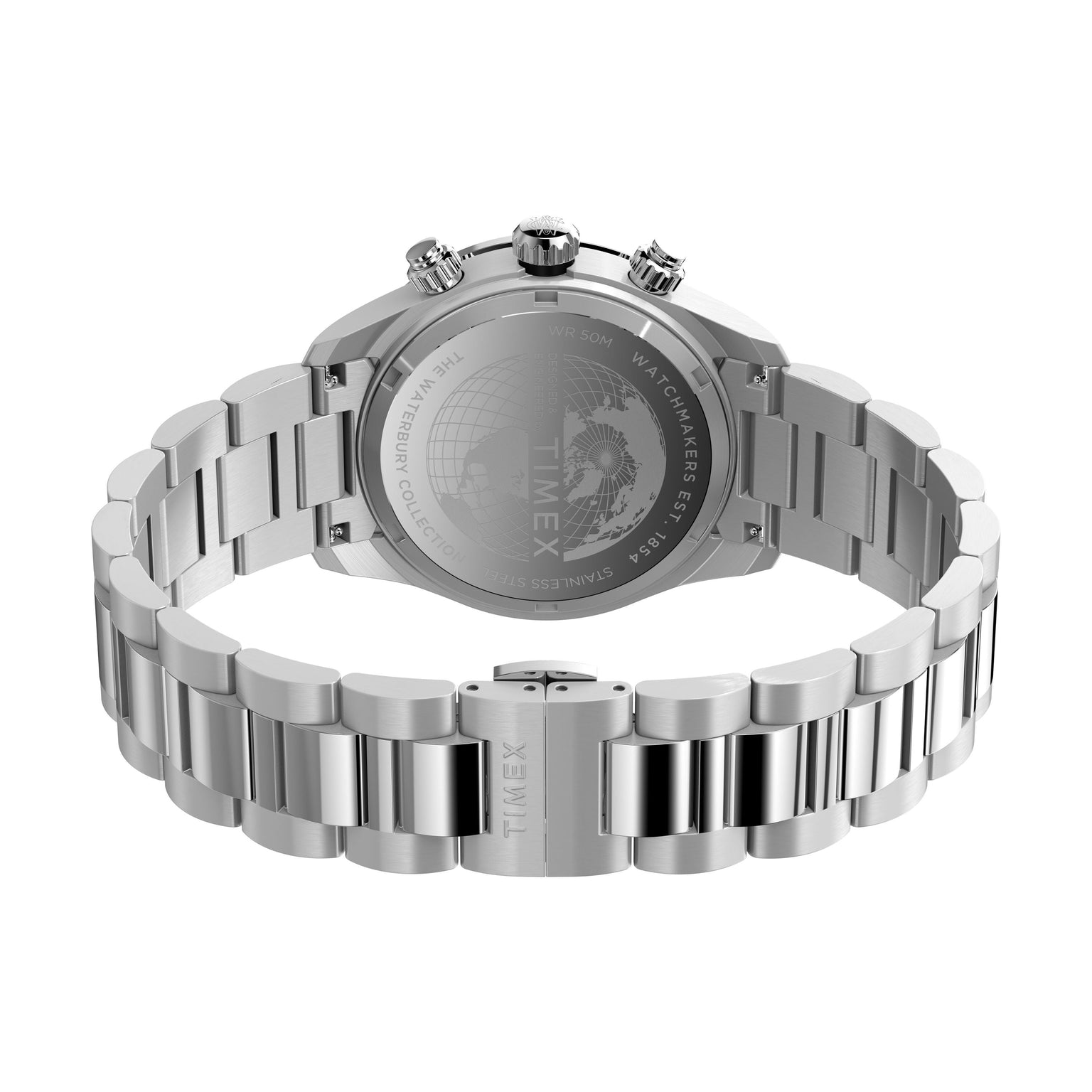 A close-up rear view of the Timex Waterbury Heritage Chronograph shows its silver stainless-steel bracelet and the engraved Timex logo on the clasp.