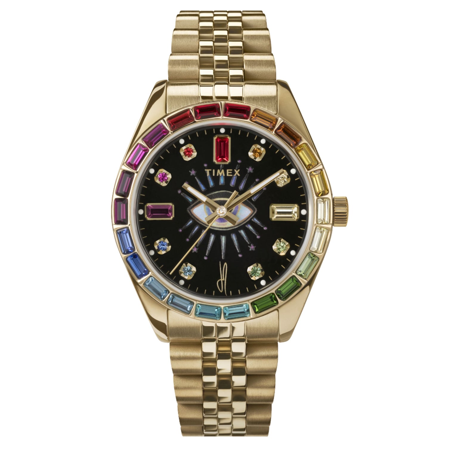 The Timex x Jacquie Aiche wristwatch features a gold-tone stainless steel case, black onyx dial, multicolored gemstone hour markers, gold link band, and a bezel set with rectangular rainbow-colored stones.