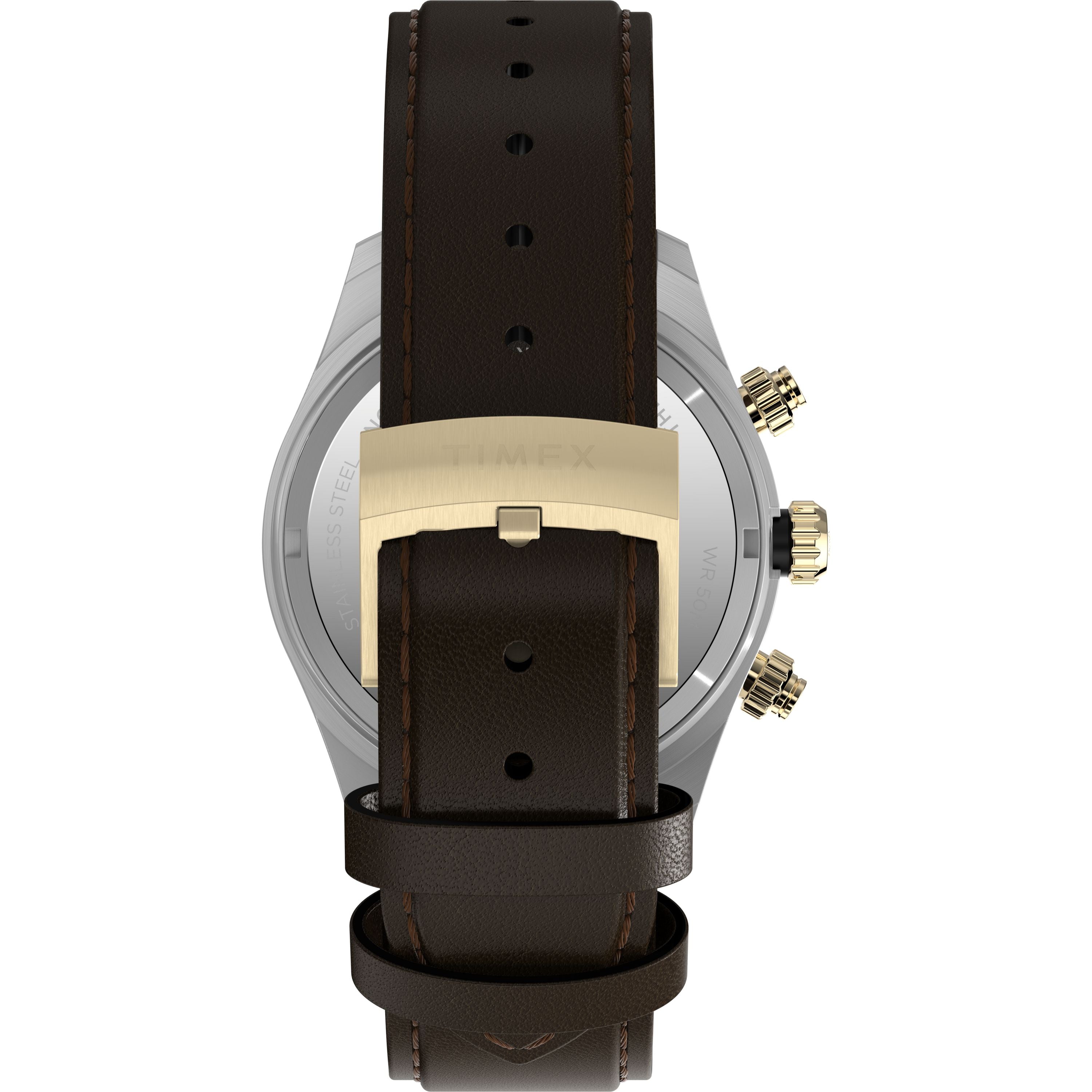 A close-up of the Timex G SS QZ WTRBY HERT 39 BLK DL LTHR STP 25 showcases its detailed dial and tachymeter bezel.