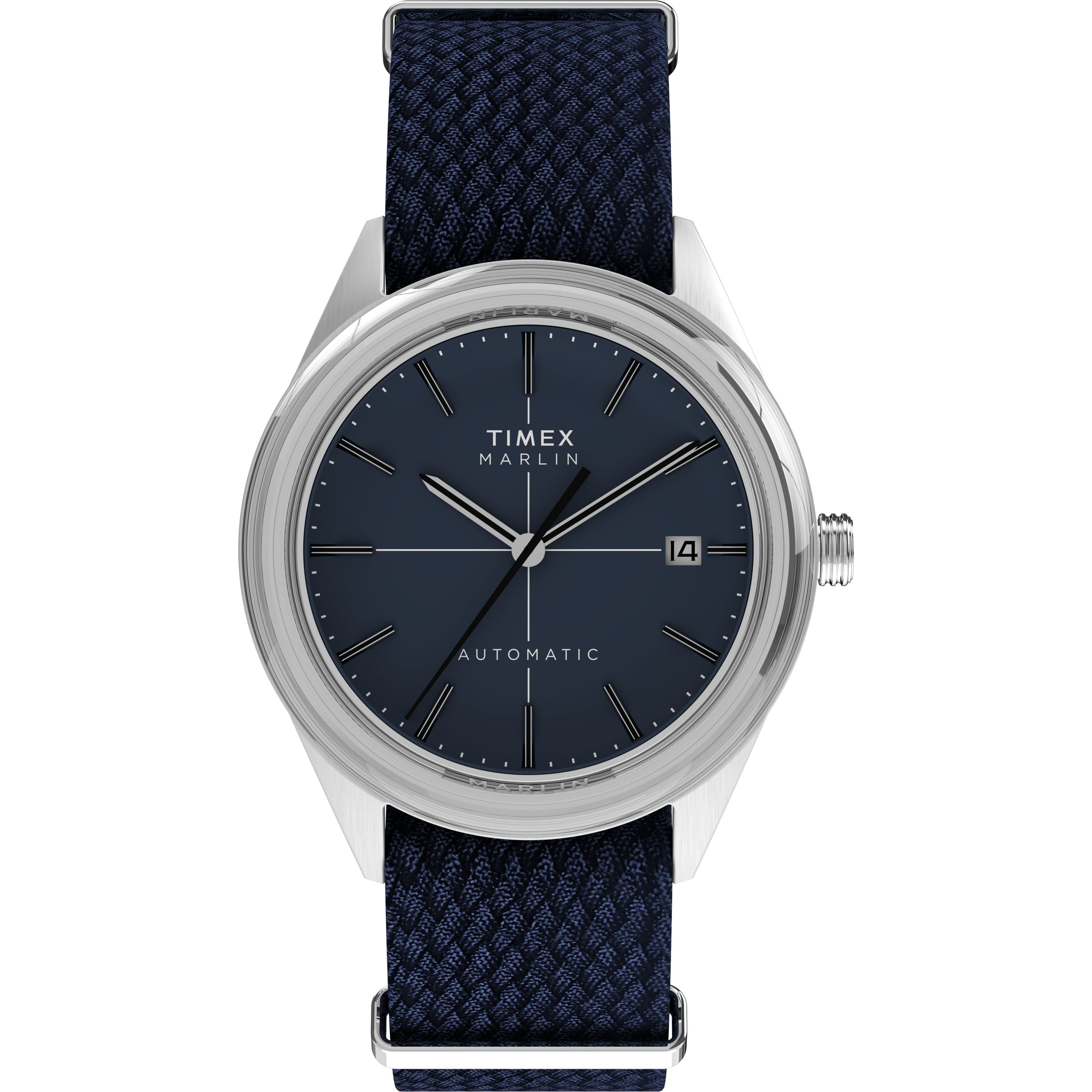 The Timex Marlin® Jet Automatic features a blue woven strap, silver case, dark blue dial with silver hour markers, three hands, date window at 3 o’clock, and a domed Hesalite crystal for retro-futuristic style.