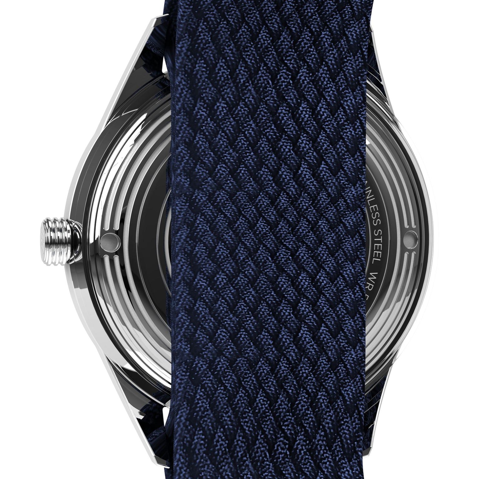 A close-up of the Timex Marlin® Jet Automatic highlights its retro-futuristic style, with a textured dark blue strap mostly covering the circular stainless steel case and partially revealing the engraved caseback.