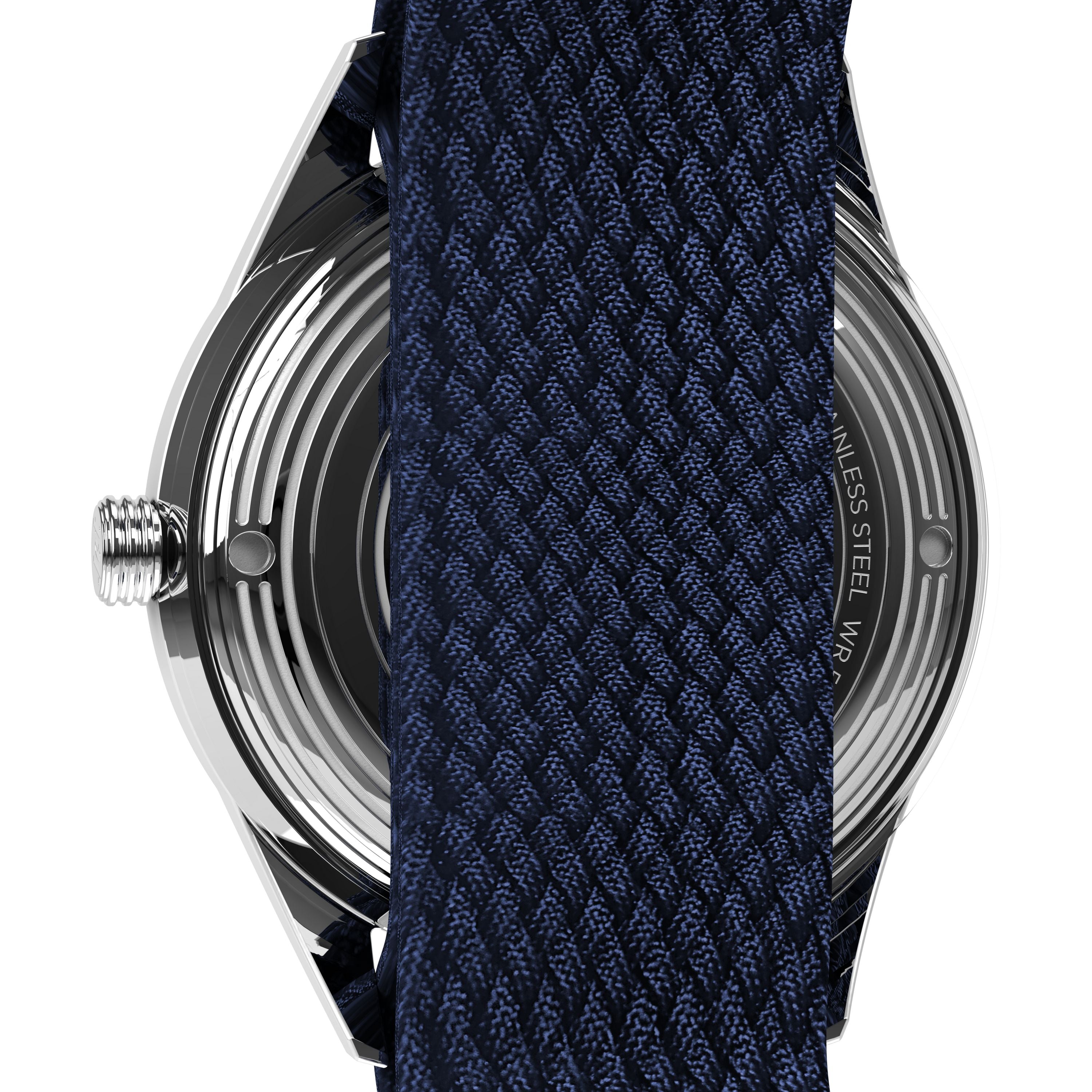 A close-up of the Timex Marlin® Jet Automatic highlights its retro-futuristic style, with a textured dark blue strap mostly covering the circular stainless steel case and partially revealing the engraved caseback.