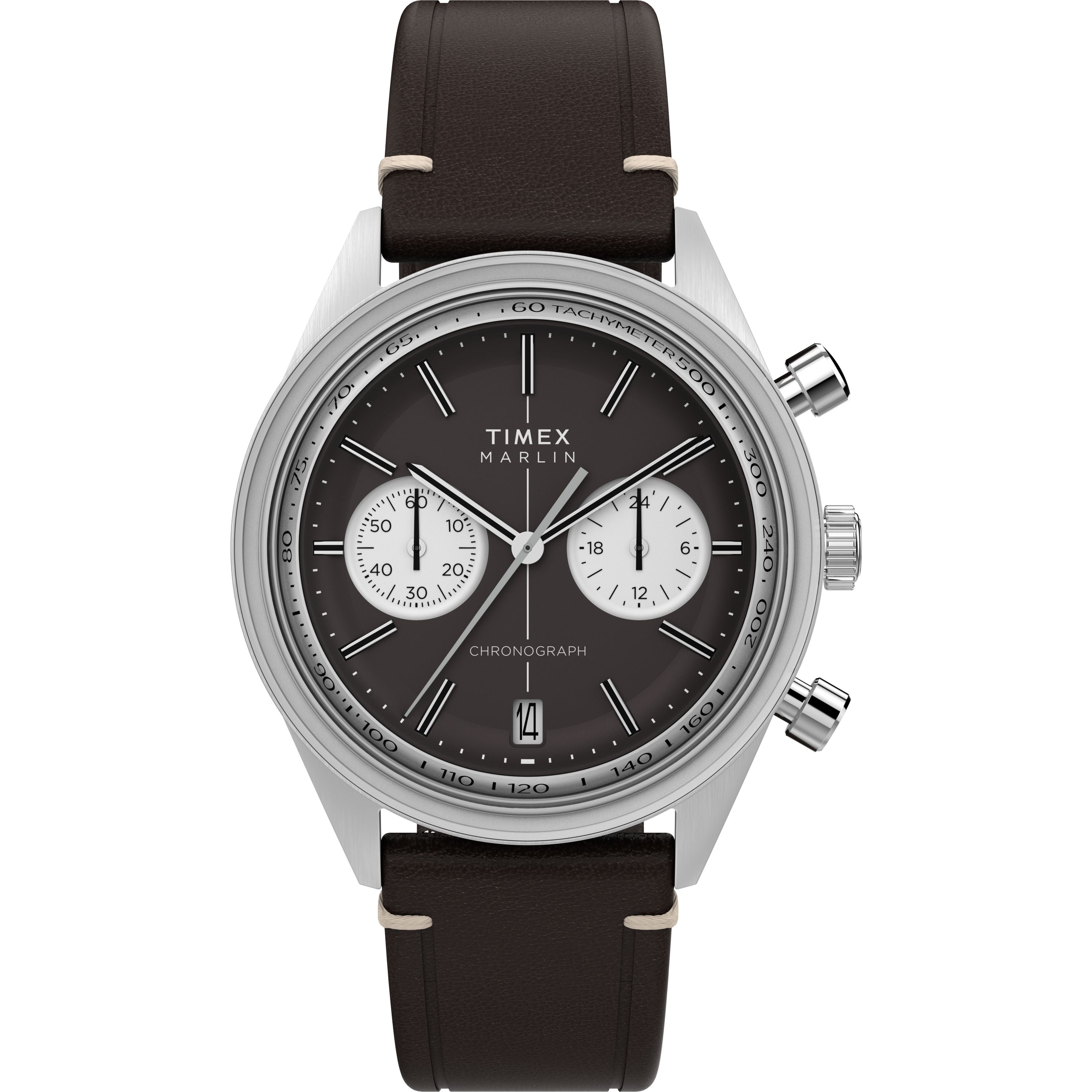 The Timex Marlin® Jet Quartz Chronograph features a black dial with two white subdials, silver case, domed Hesalite crystal, black leather strap, dual pushers, and a date window at 6 o’clock for a retro-futuristic look.