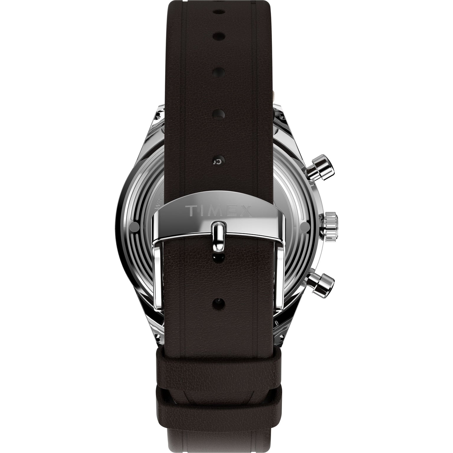 Back view of the Timex G SS QZ SW JET 40 BROWN DL BWN STP 25, featuring a dark brown leather strap, silver TIMEX-engraved buckle, shiny metallic case with chronograph pushers, and a bold domed Hesalite crystal.