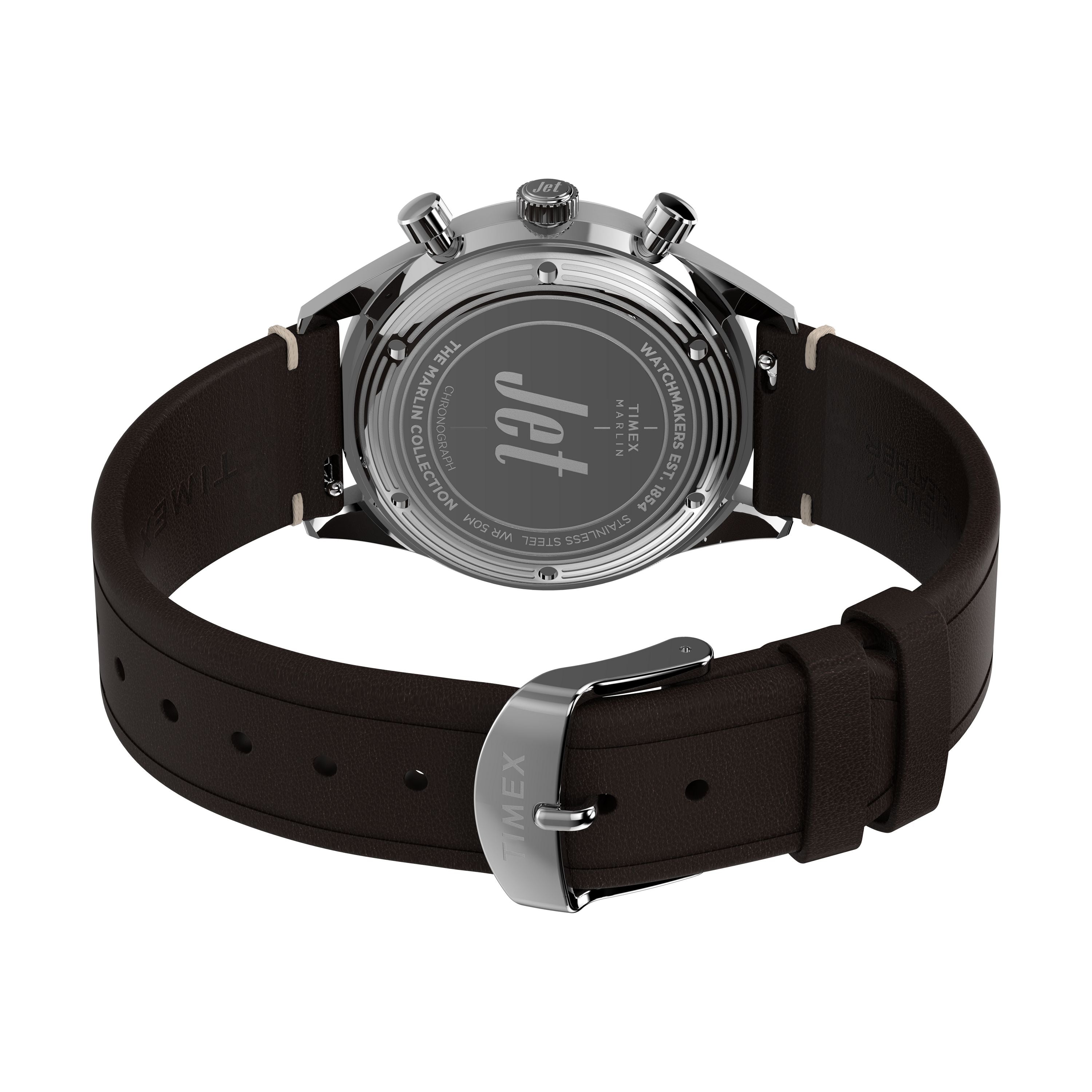 A close-up of the back of a Timex G SS QZ SW JET 40 BROWN DL BWN STP 25 wristwatch with a dark brown leather strap and silver buckle, showing an engraved metal case and retro-futuristic details.