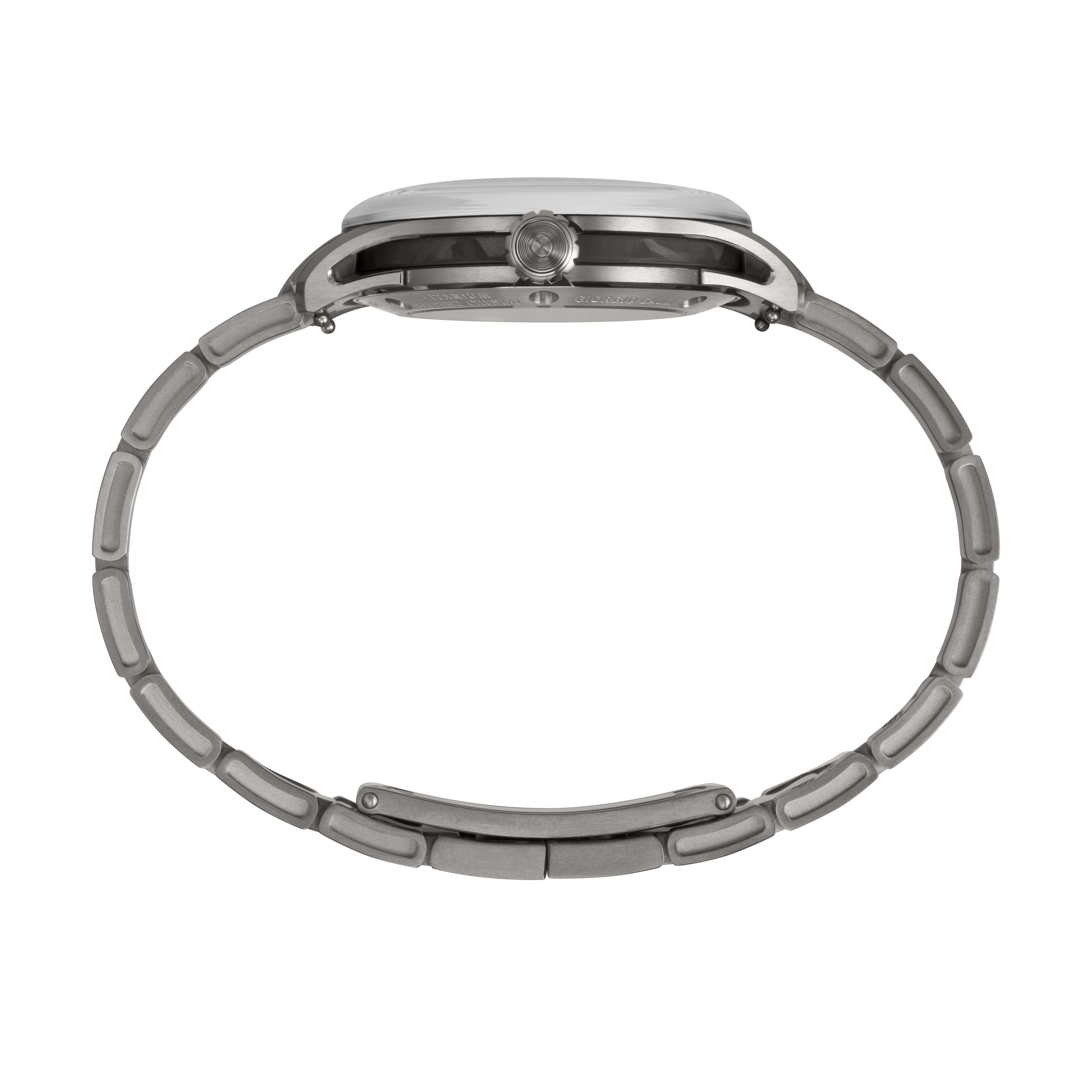 A close-up of the Timex Giorgio Galli S2Ti Automatic—a 38mm titanium watch with a sapphire crystal for outstanding clarity and durability.