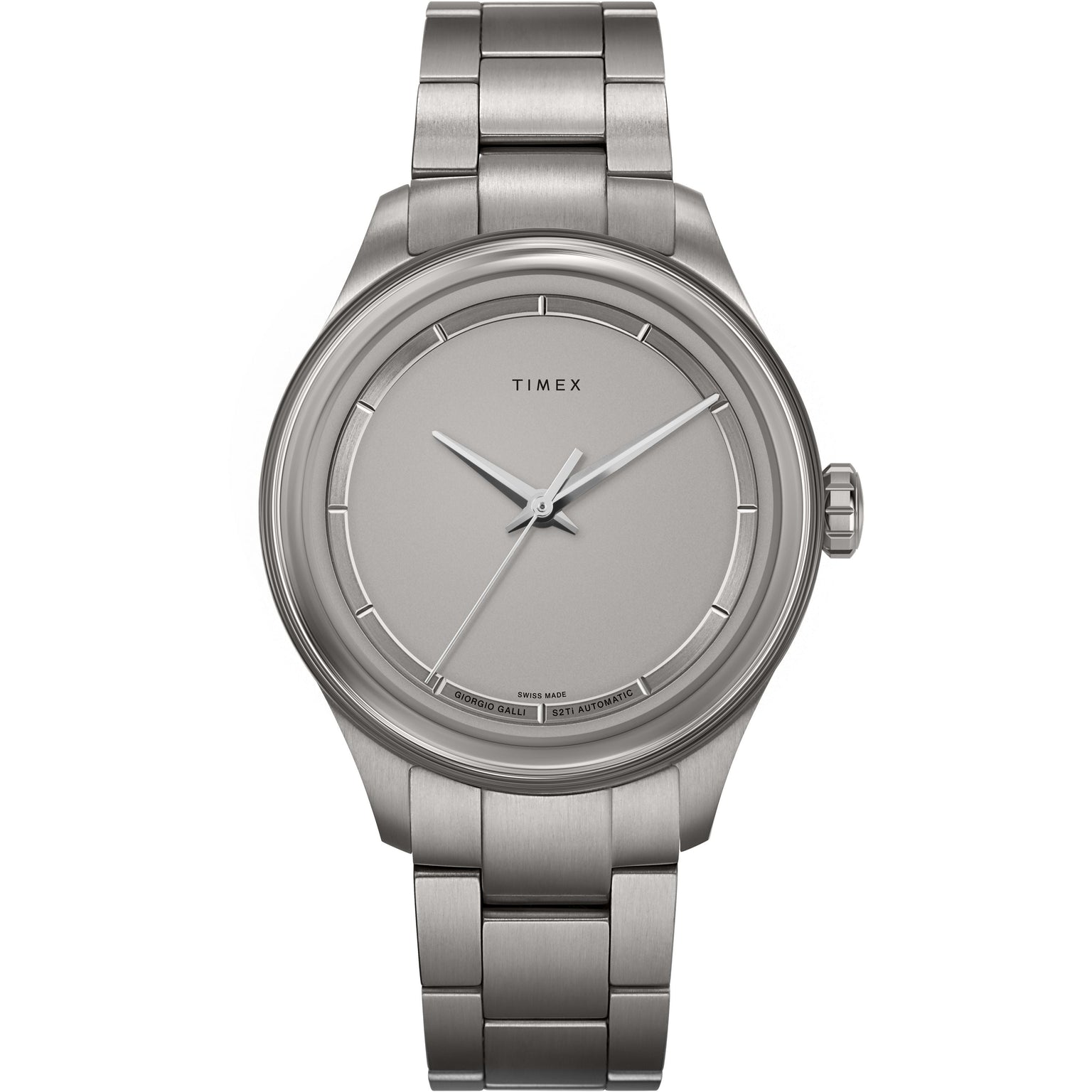 The Timex Giorgio Galli S2Ti Automatic is a stainless steel wristwatch with a silver metal band, minimalist grey dial, silver hands, simple hour markers, and a scratch-resistant sapphire crystal.
