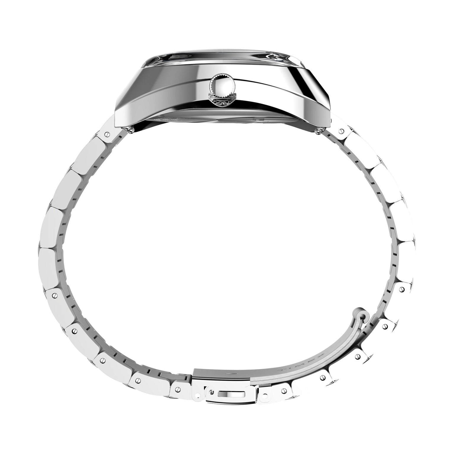 A side view of the Timex Q 1972 Time Machine Reissue, featuring an archival quartz movement, silver geometric metal bracelet, and round case with visible crown and clasp, set against a white background.