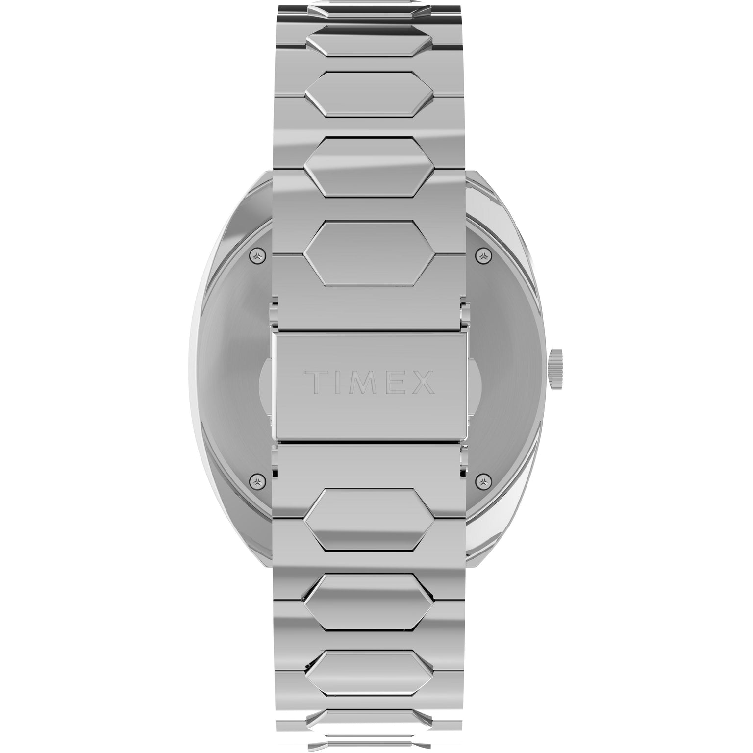 A close-up of the Q 1972 Time Machine Reissue by Timex shows its stainless steel back, geometric bracelet, and a metal clasp engraved with TIMEX, highlighting the classic appeal of this archival quartz watch.