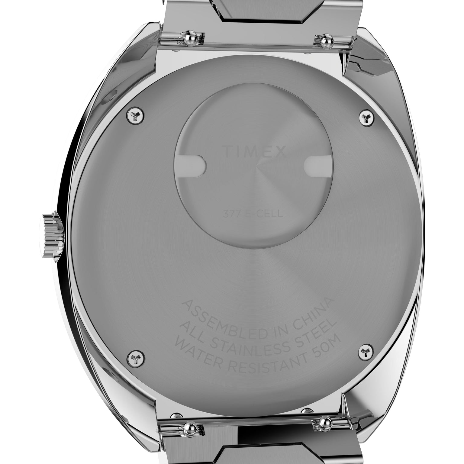 The back of the Timex Q 1972 Time Machine Reissue features a circular battery compartment and engraved details showing the brand, model, stainless steel tonneau case, assembly location, battery type, and water resistance.