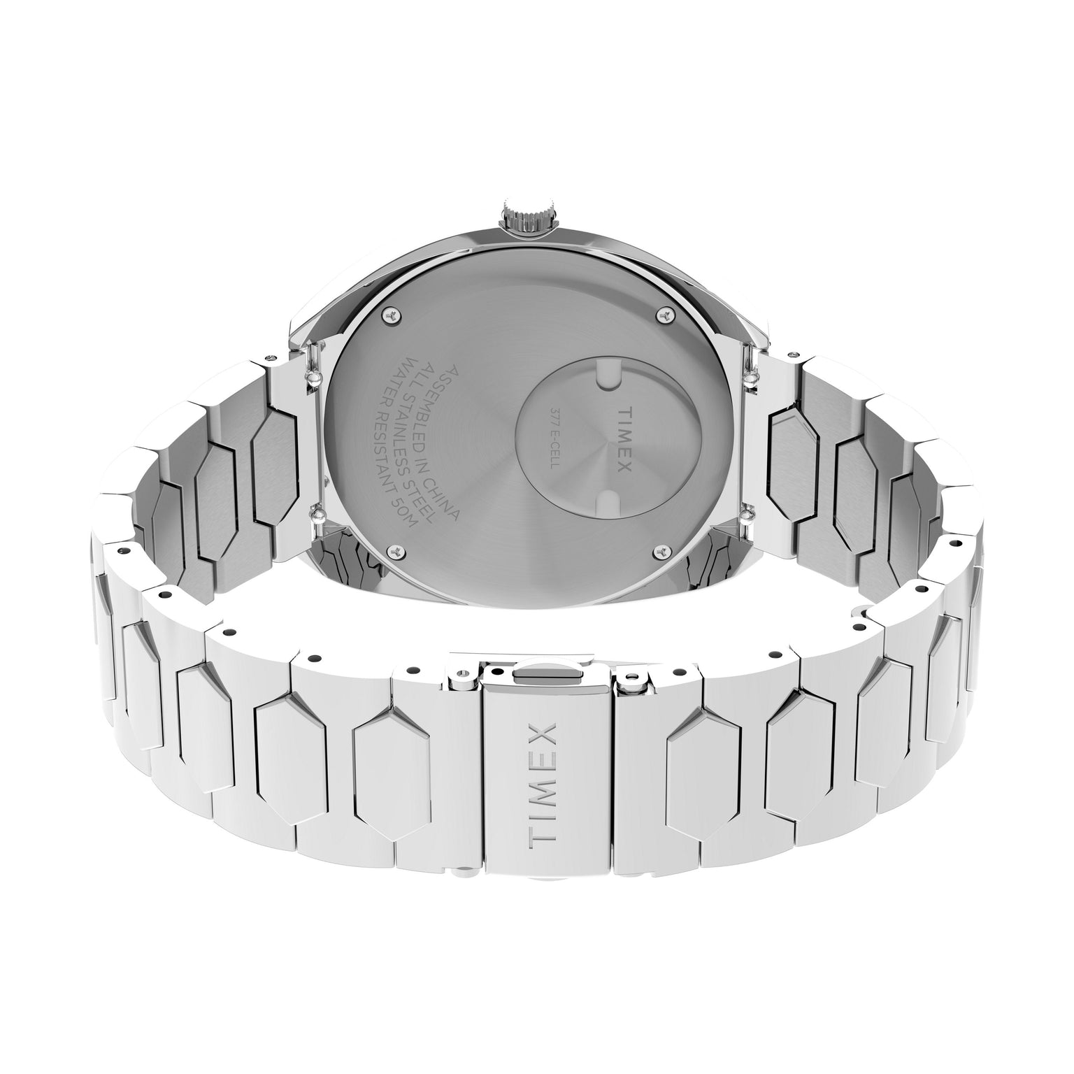 Back view of the Timex Q 1972 Time Machine Reissue, featuring a silver hexagonal link bracelet, with "Timex" engraved on the back plate and clasp, and a visible battery compartment on the case back.