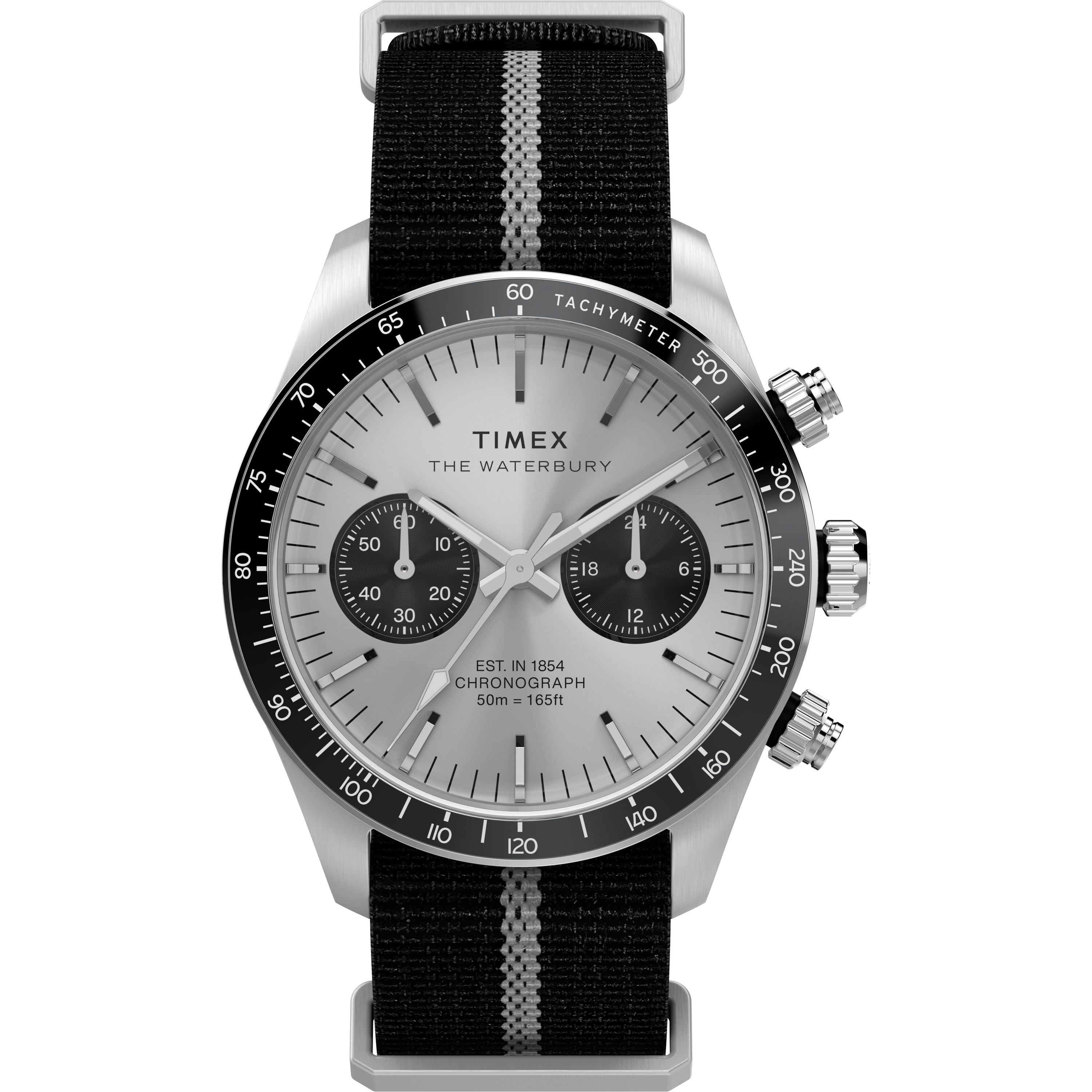The Timex Waterbury Heritage Chronograph features a silver case, tachymeter bezel, two subdials, black nylon strap with gray stripe, silver hour markers, and is water-resistant up to 50 meters.