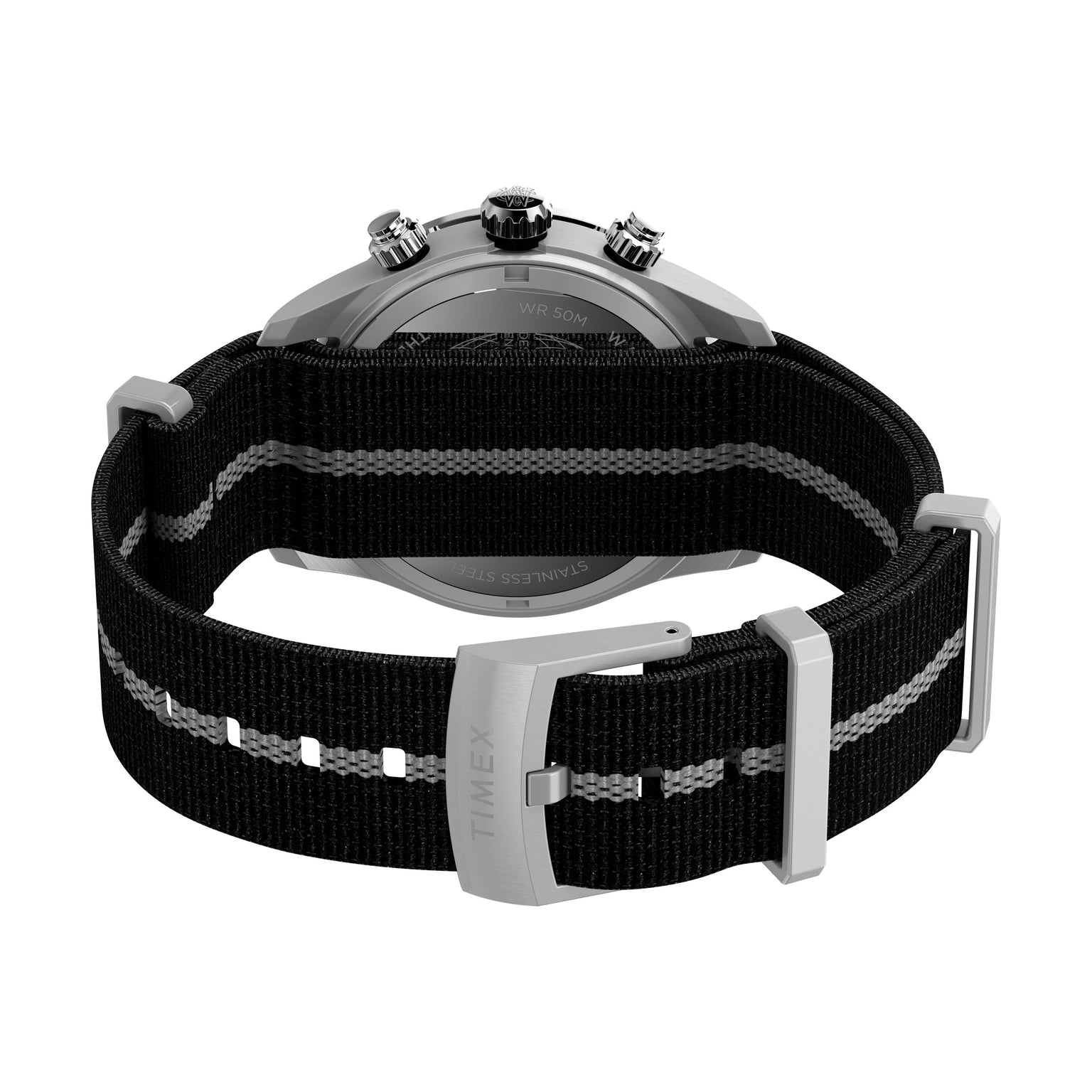 A close-up of the Timex Waterbury Heritage Chronograph shows its black and gray striped recycled fabric strap with a silver TIMEX-engraved buckle. The watch case and crown appear just above the strap.