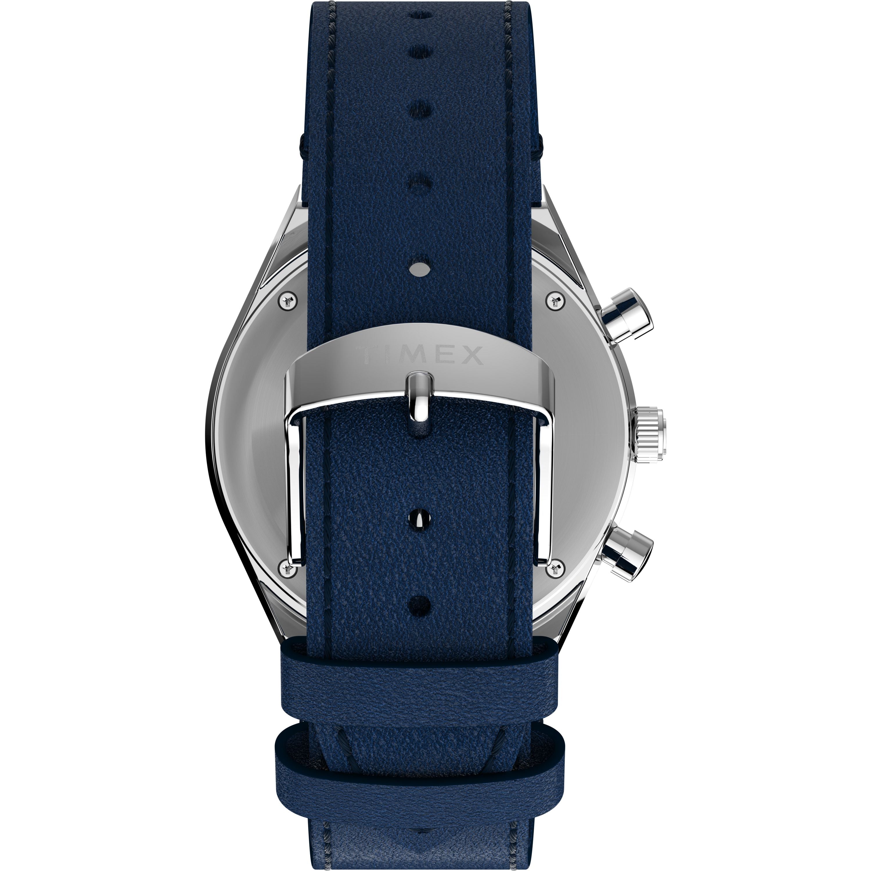 Back view of the Timex Q Chronograph in silver, featuring a blue leather strap with buckle, multiple adjustment holes, and metal case displaying two side buttons.