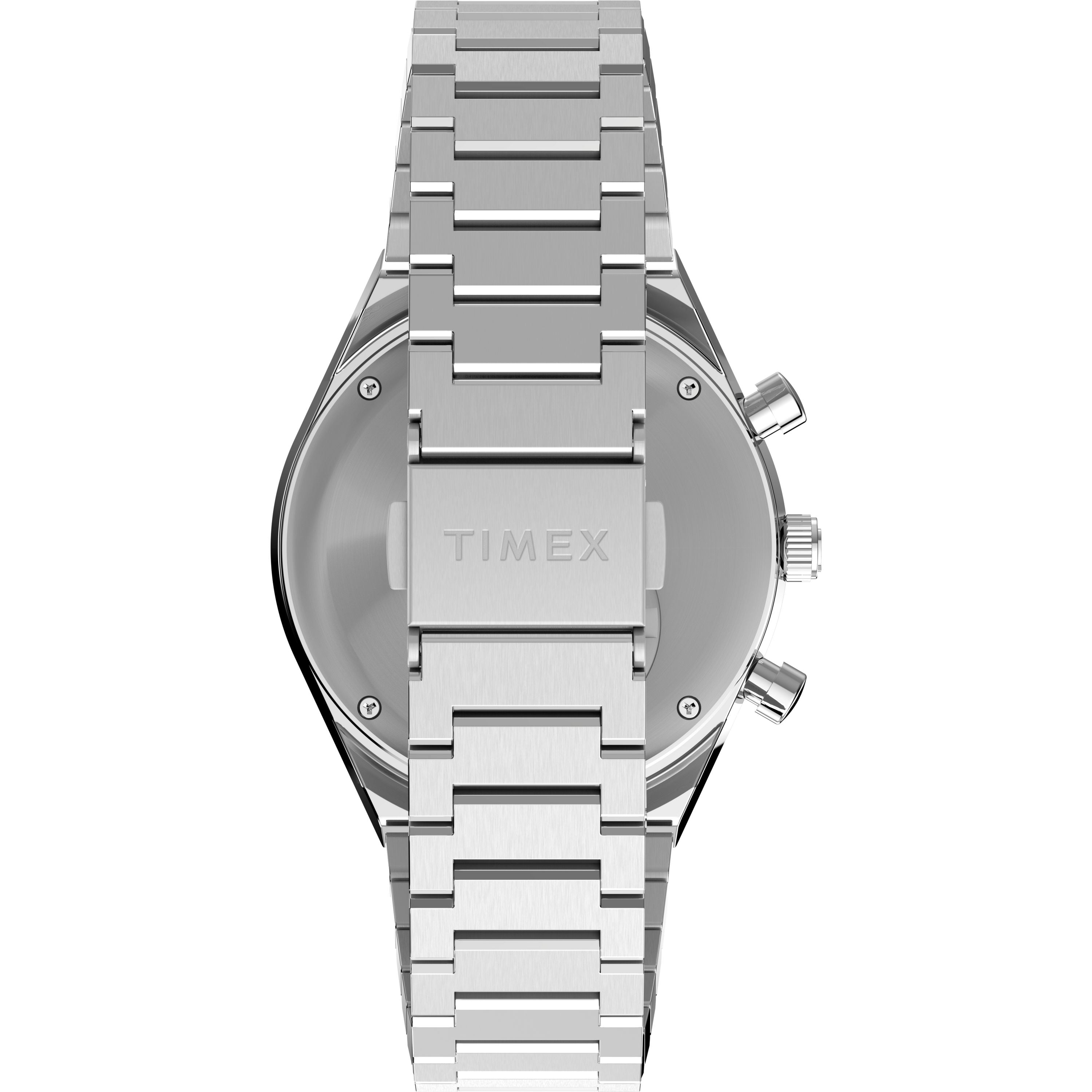 A close-up of the back of a silver Timex Q Chronograph wristwatch with a stainless steel bracelet and dual side buttons. The Timex logo is engraved on the casing, showcasing the classic design of this Q Chronograph model.