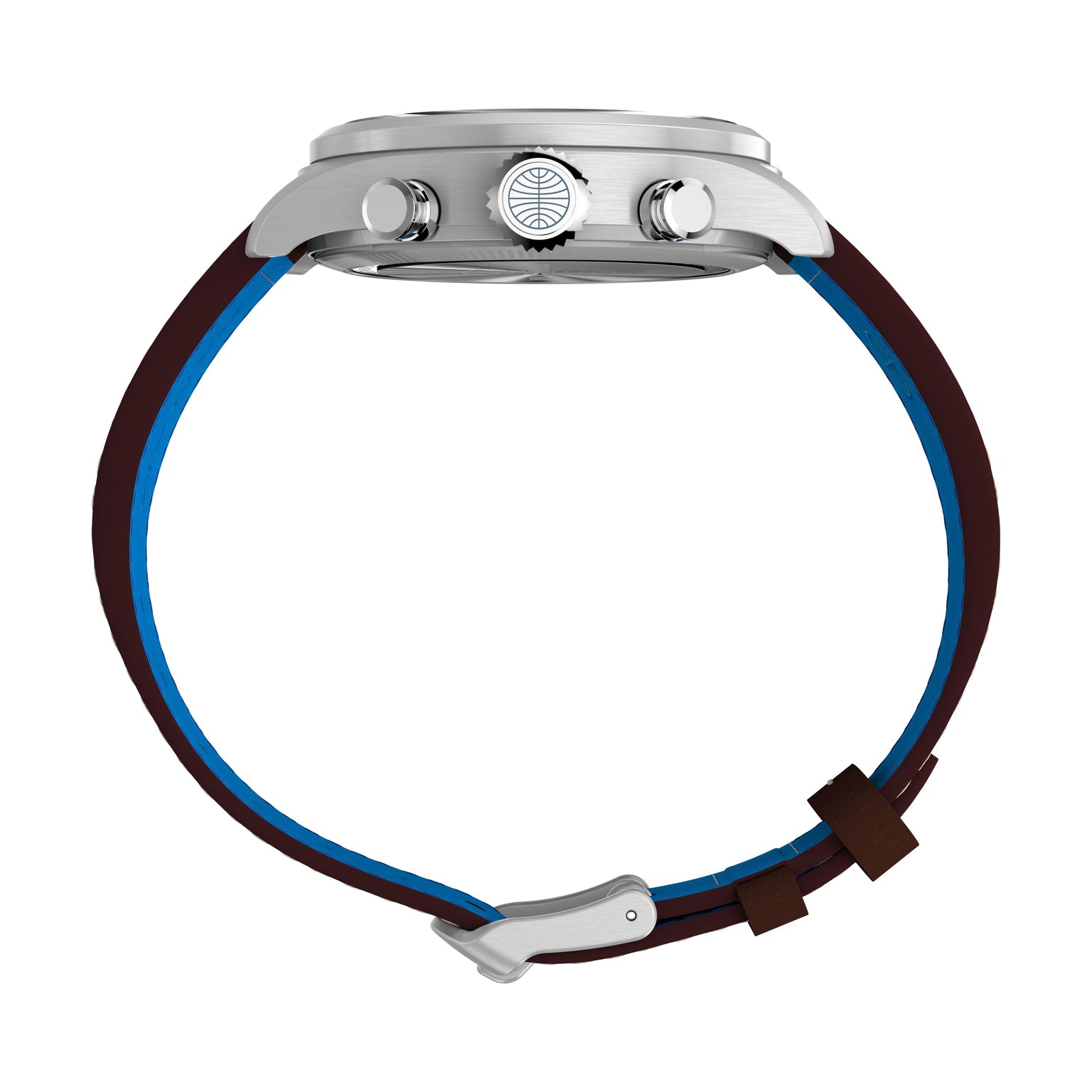 Side view of the Timex x Pan Am® Waterbury Ace Chronograph by Timex, featuring a stainless steel case, two push buttons, patterned crown, and a brown strap with blue inner lining and silver buckle.