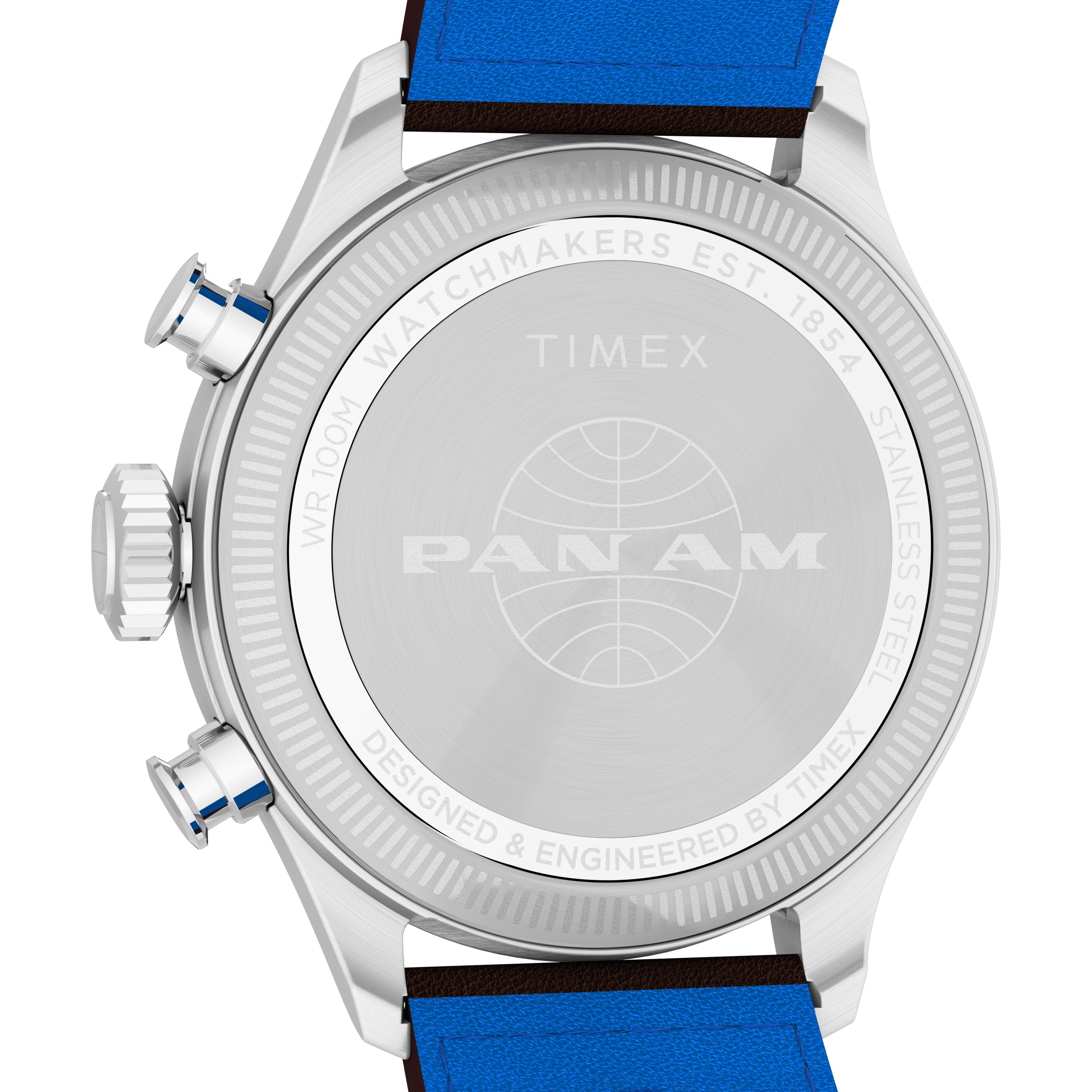 Close-up of the back of the Timex x Pan Am® Waterbury Ace Chronograph, featuring a blue strap, engraved PAN AM logo, stainless steel case with detailed markings, and two side buttons.