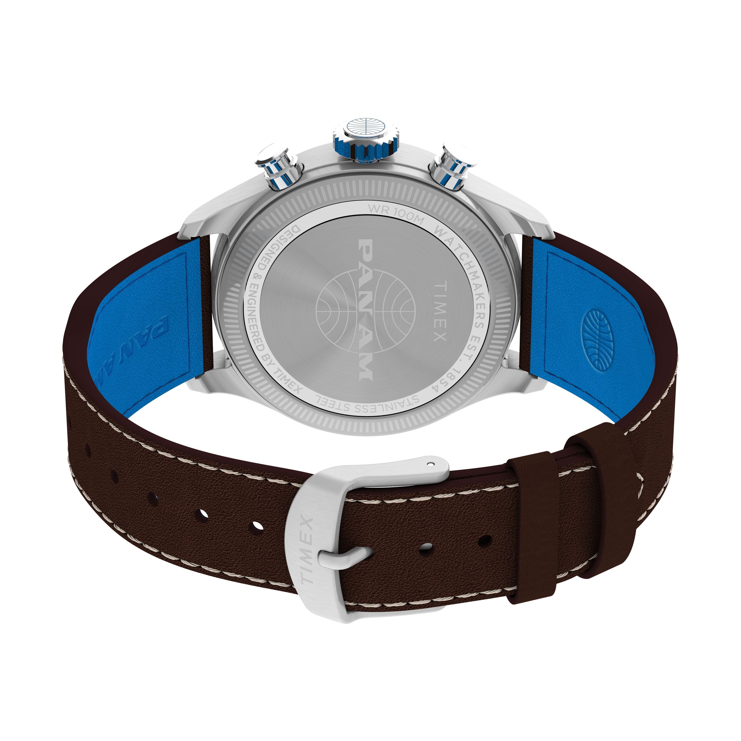 A close-up of the Timex G SS QZ SW Waterbury Trad 41 White DL 25 shows its brown leather strap with blue lining, stainless-steel case back engraved with a Pan Am logo, and two blue pushers plus crown.