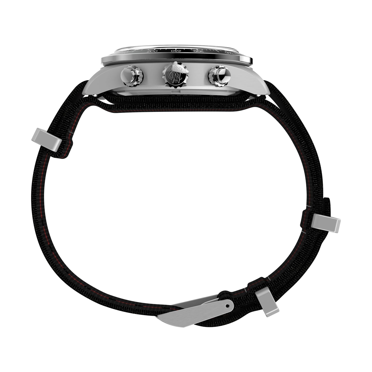 Side view of the Timex Waterbury Heritage Chronograph watch, featuring a silver case, three buttons, and a black recycled fabric strap with metal loops and buckle, shown against a white background.